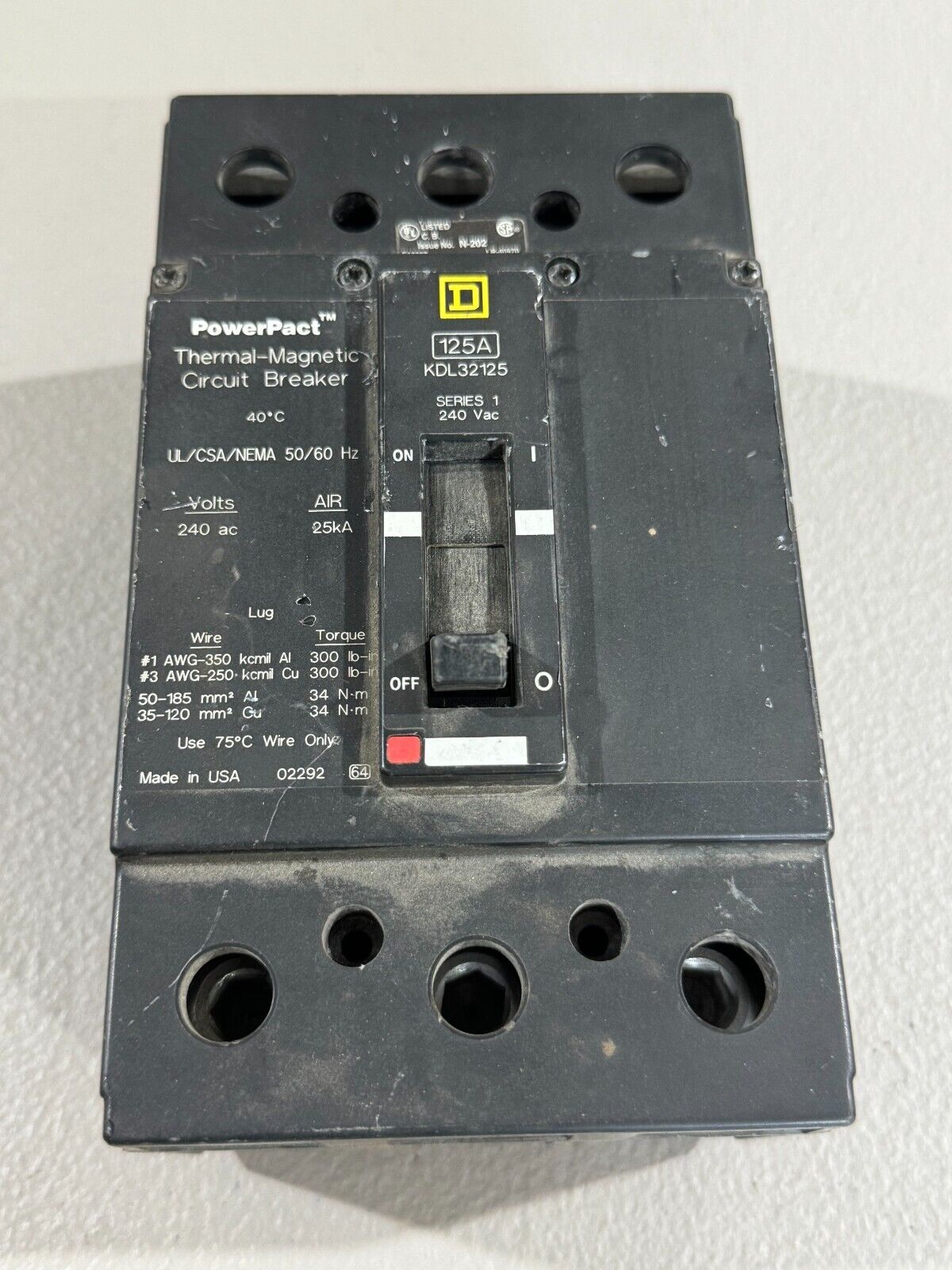 USED SQUARE D POWERPACT 3 POLE 125AMP CIRCUIT BREAKER KDL32125