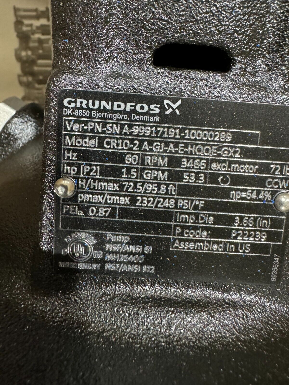 NEW GRUNDFOS PUMP CR102 A-GJ-A-E-HQQE-GX2 WITH 1-1/2HP MOTOR