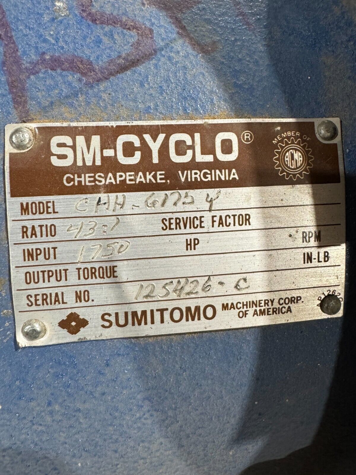 NEW SMCYCLO SUMITOMO GEAR REDUCER 431 RATIO CHH6175Y