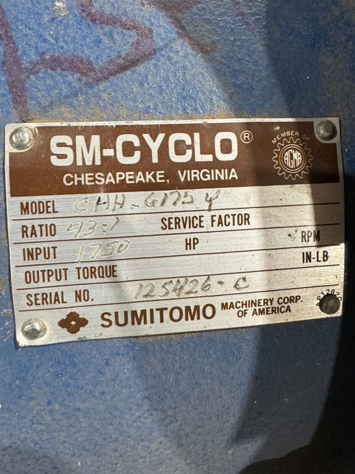 NEW SM-CYCLO SUMITOMO GEAR REDUCER 43:1 RATIO CHH-6175Y