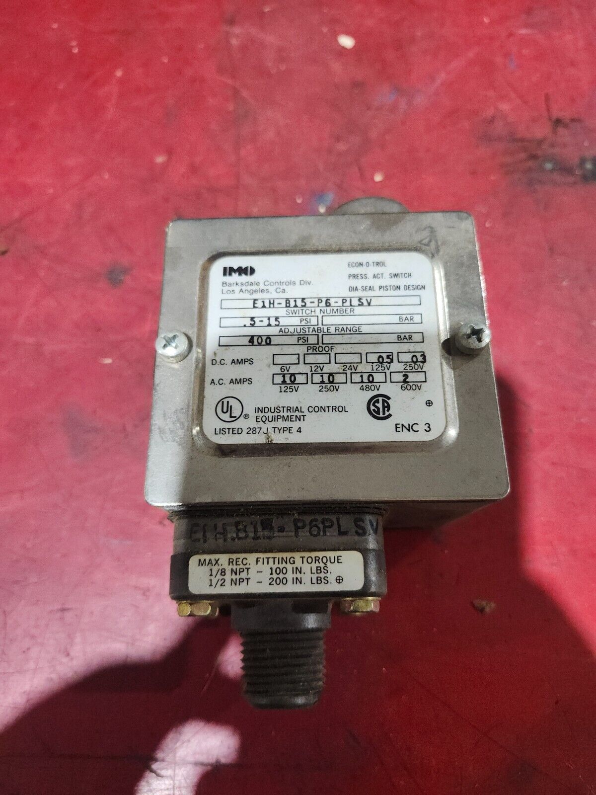 USED IMO BARKSDALE PRESSURE SWITCH  E1H-B15-P6-PLSV