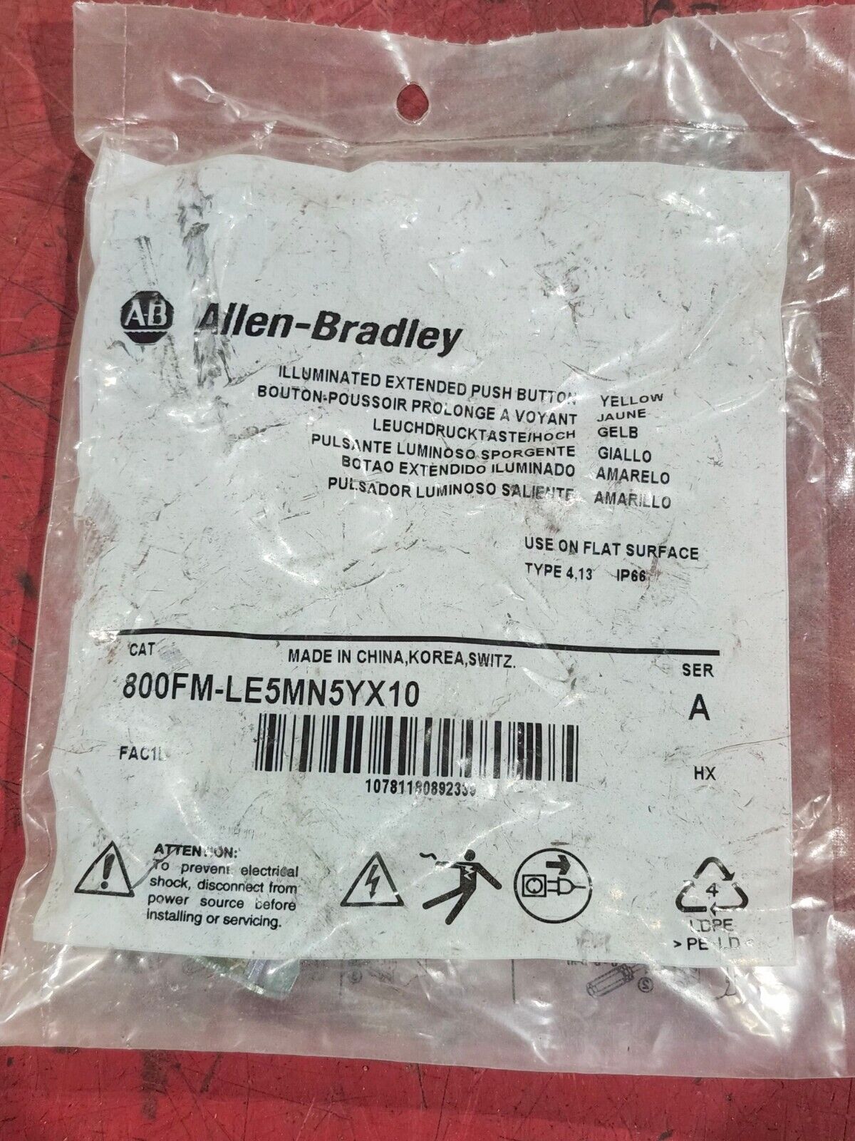 NEW IN PACKAGE ALLEN BRADLEY YELLOW ILLUMINATED PUSH BUTTON 800FM-LE5MN5YX10