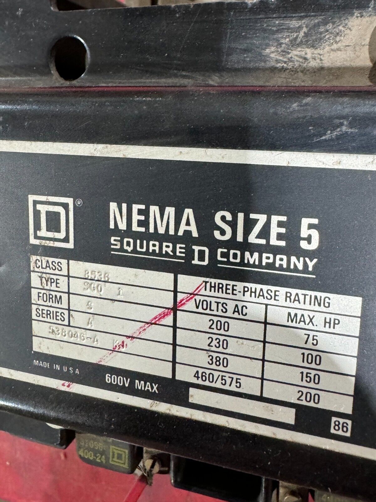 USED SQUARE D SIZE 5 STARTER 440/480V. COIL 8536 SGO 1 FORM S