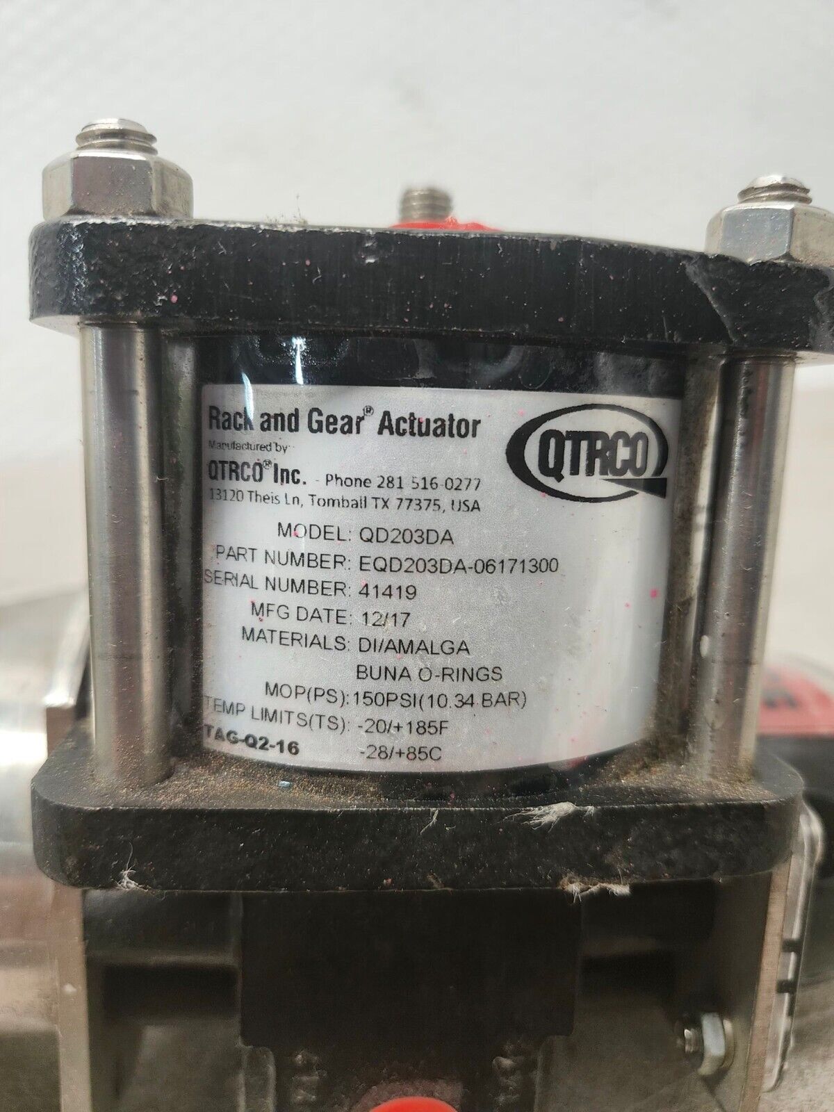 NEW NO BOX QTRCO RACK AND GEAR ACTUATOR  150PSI  QD203DA