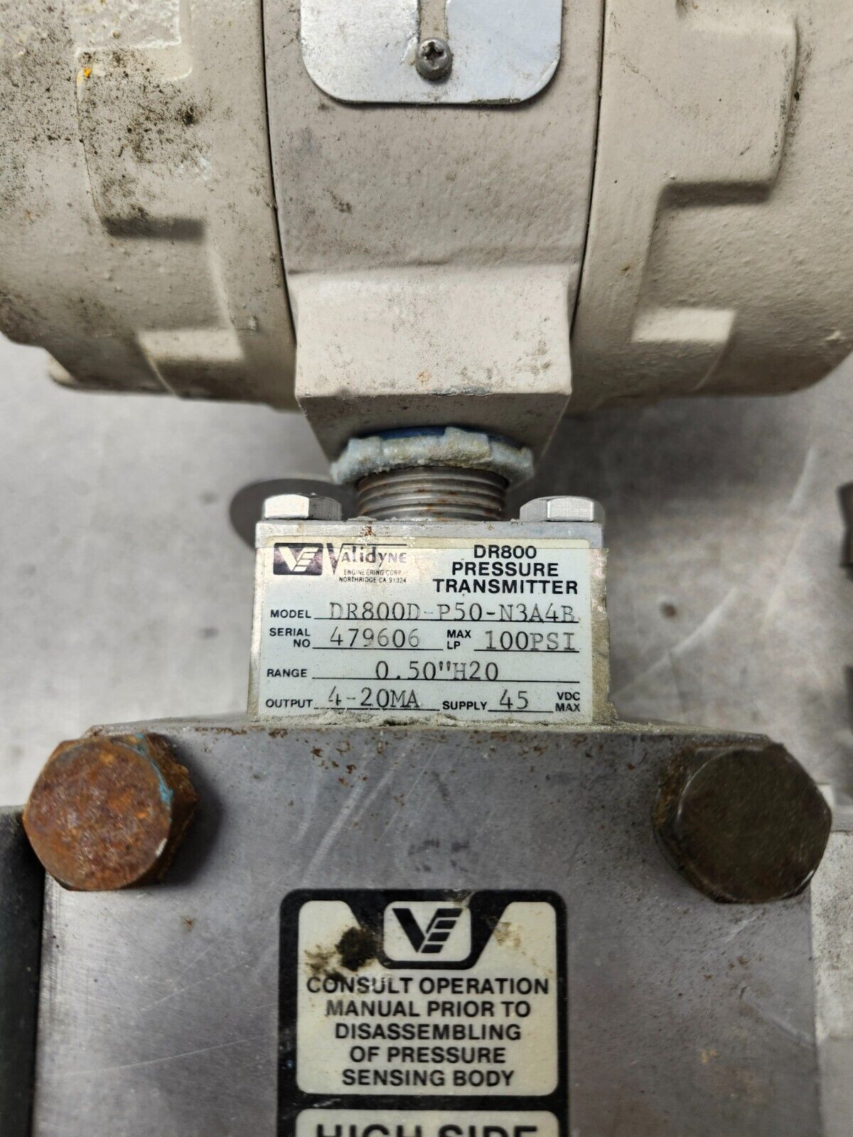 USED VALIDYNE PRESSURE TRANSMITTER 100PSI DR800D-P50-N3A4B