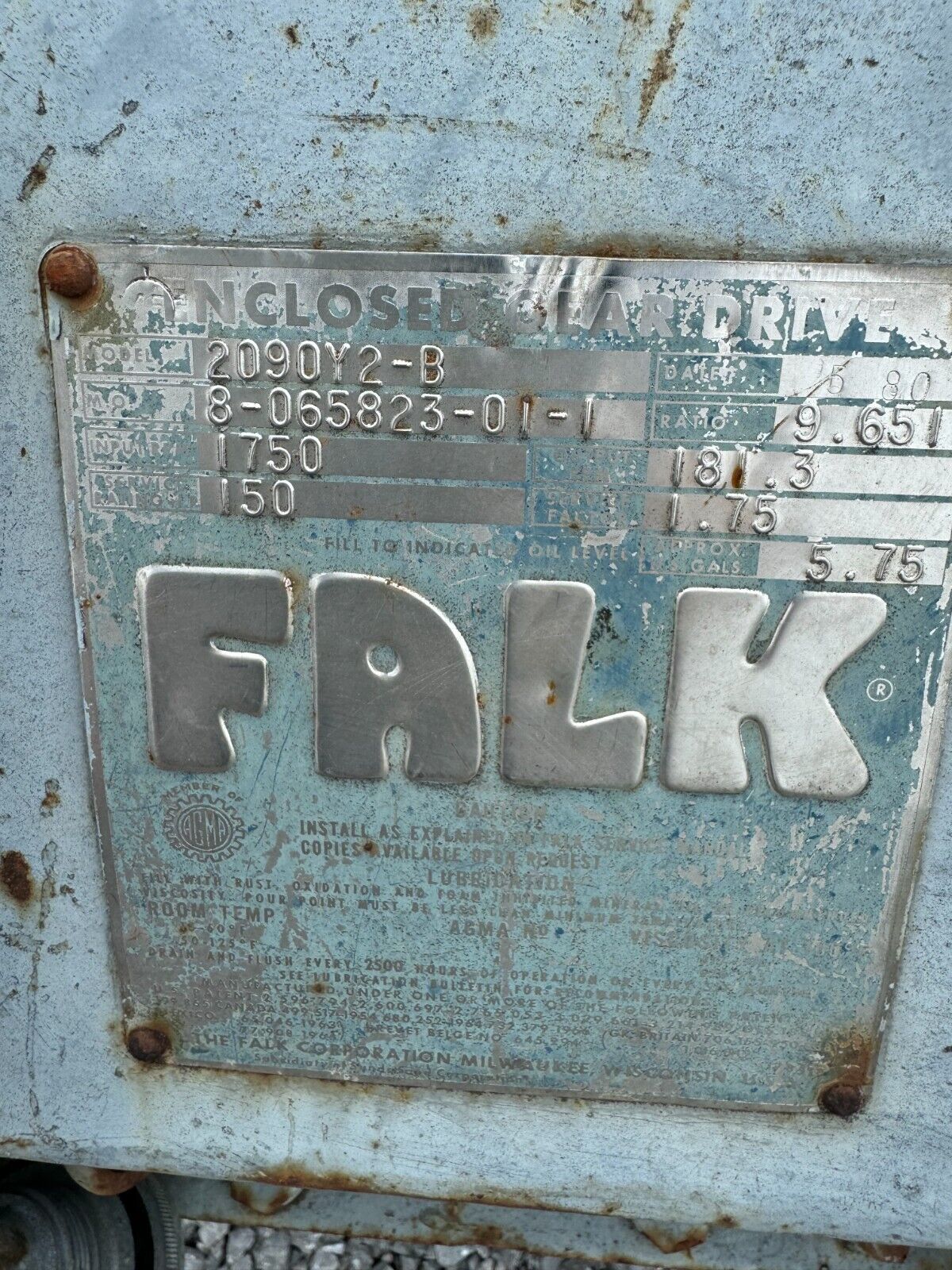 USED FALK ENCLOSED GEAR DRIVE SPEED REDUCER 9.651 RATIO 2090Y2-B