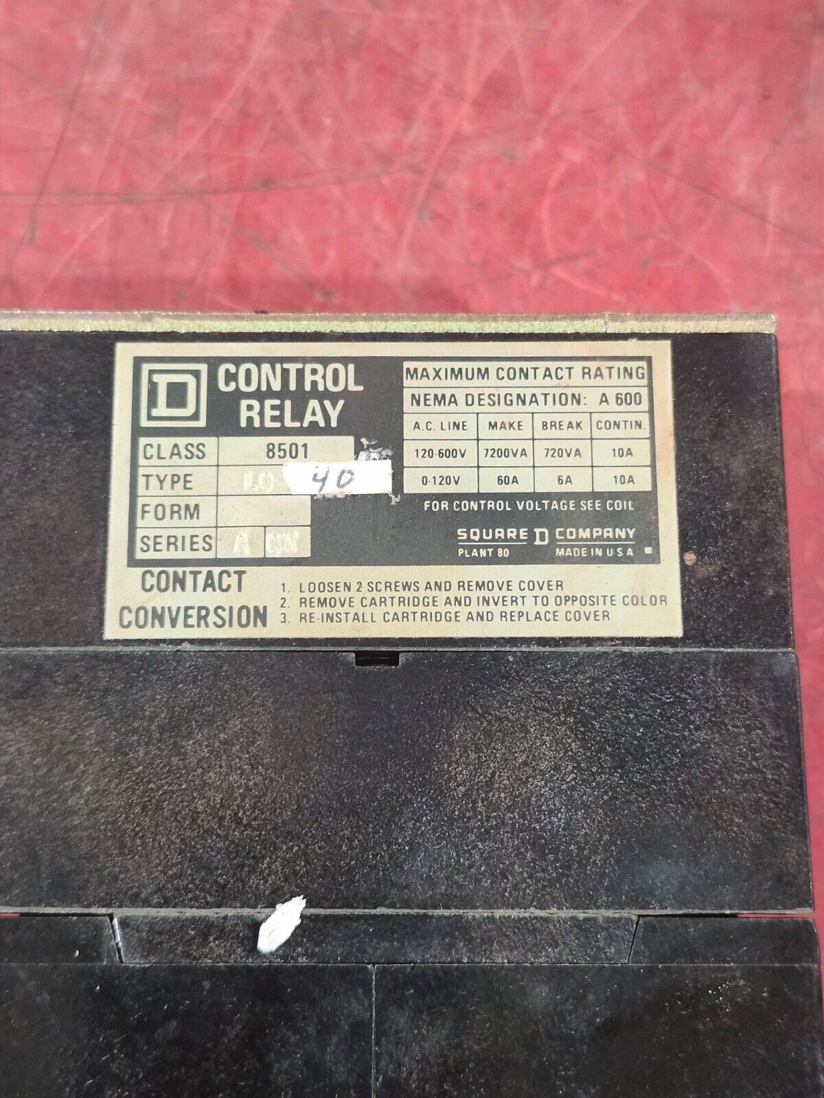 USED SQUARE D CONTROL RELAY 8501 L0-40