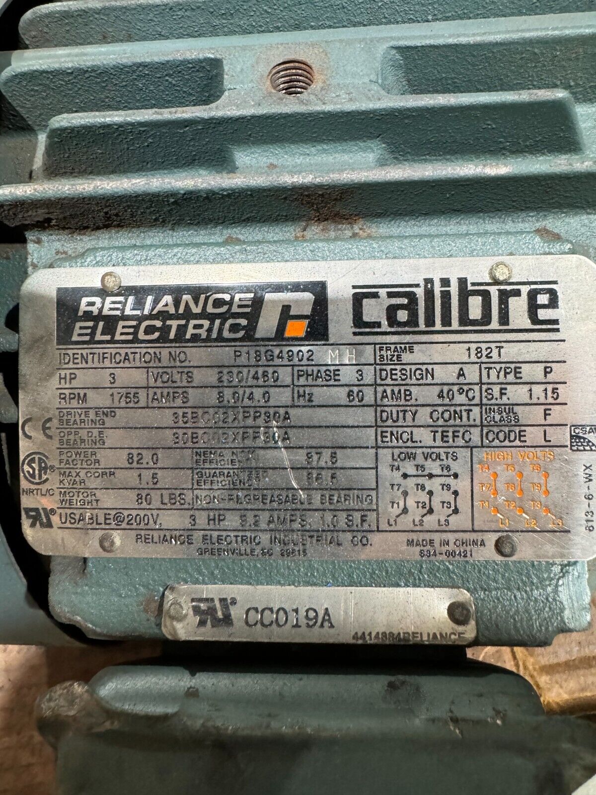 USED RELIANCE 3HP 1755RPM 182T 230/460V. FRAME MOTOR P18G4902