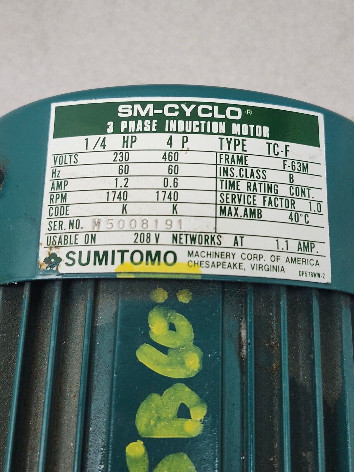 NEW SM-CYCLO GEARMOTOR 6:1 RATIO HM3085 SUMITOMO 1/4HP TYPE TC-F MOTOR