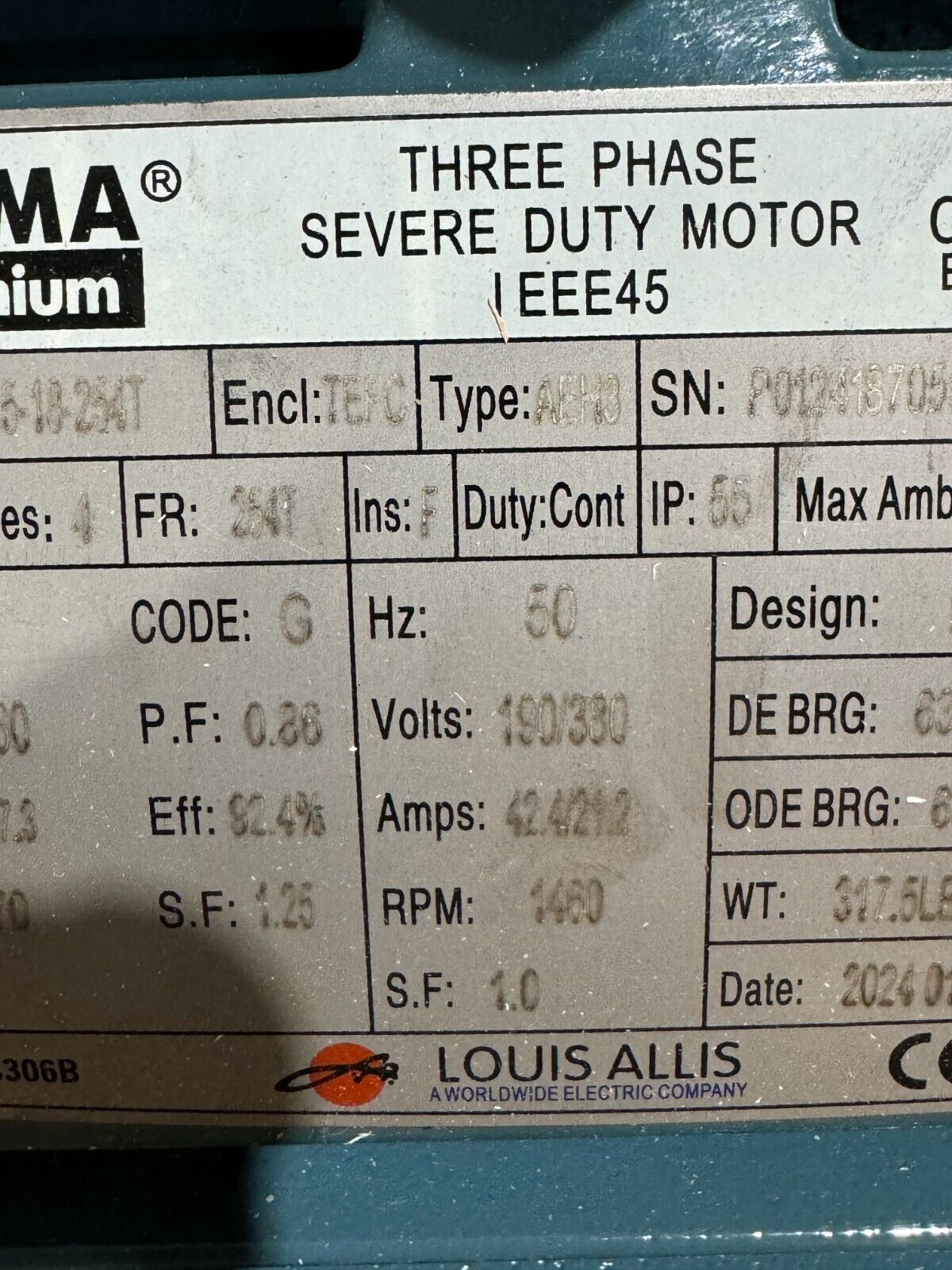 NEW WORLDWIDE LOUIS ALLIS 15HP 1770RPM MOTOR 254T FRAME 230/460V. LAM15-18-254T