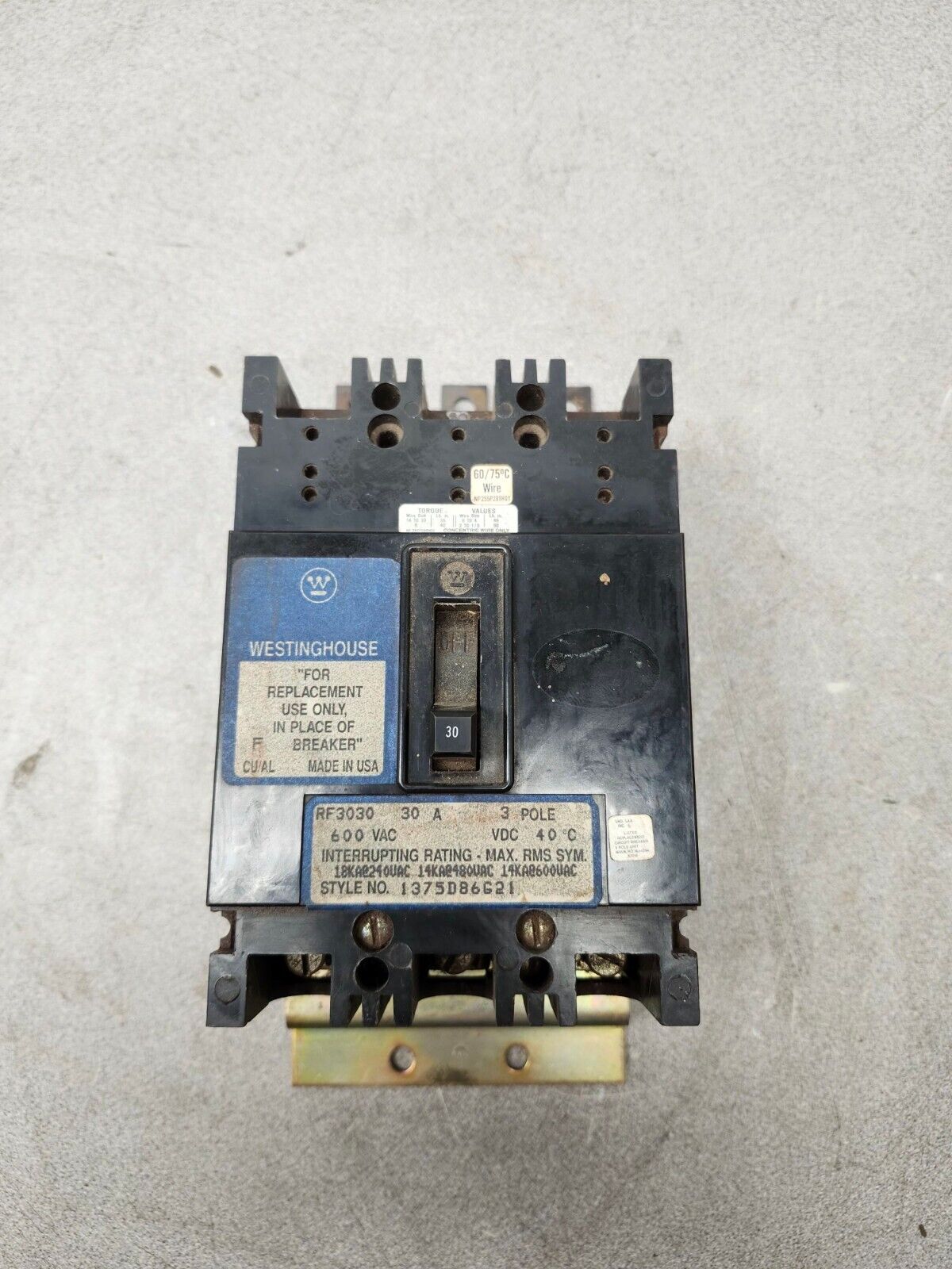 USED WESTINGHOUSE CIRCUIT BREAKER RF3030 3 POLE, 30 AMP, 600VAC 1375D86G21