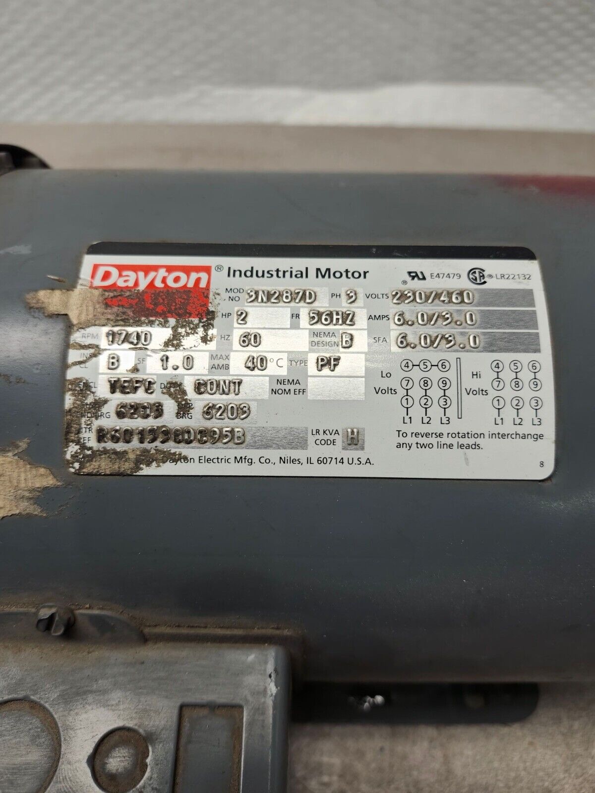 USED DAYTON GENERAL PURPOSE MOTOR 2 HP 3-PHASE 208-230/460V 3N287D