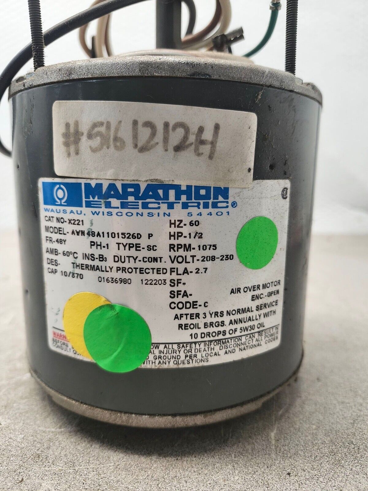 USED Marathon Condenser Fan Motor 60HZ 1/2HP 208-230VOLTS X221 AWN48A1101526D