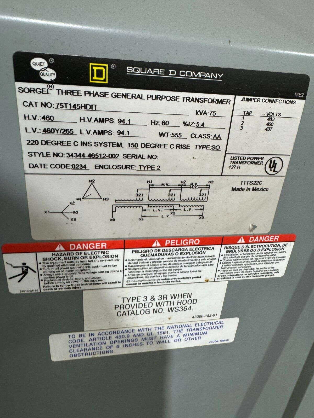 USED SQUARE D 75KVA SORGEL THREE PHASE GENERAL PURPOSE TRANSFORMER 75T145HDIT