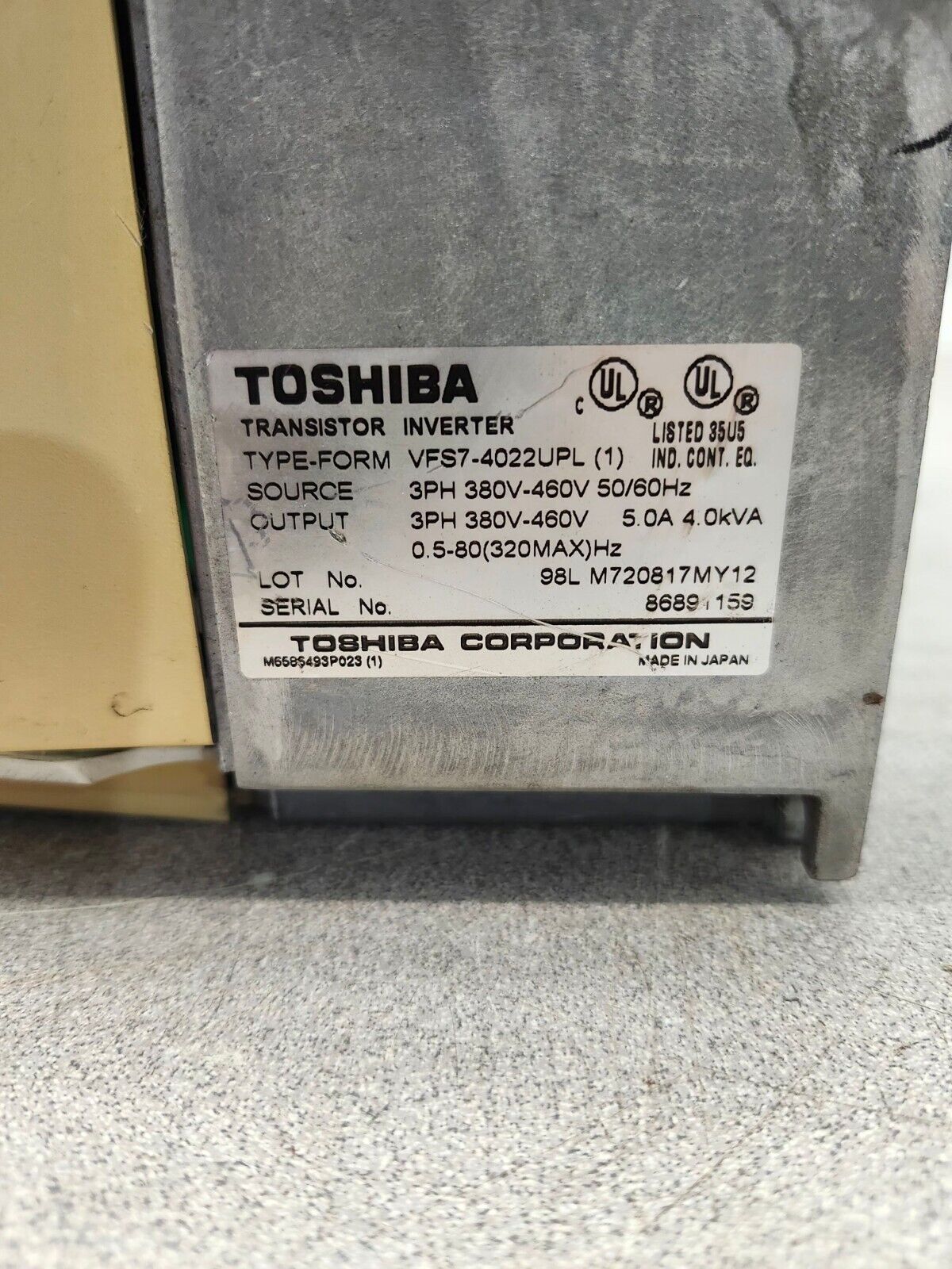 USED MISSING COVER Toshiba Transistor Inverter 4.0KVA 3PH 380-460V VFS7-4022UPL