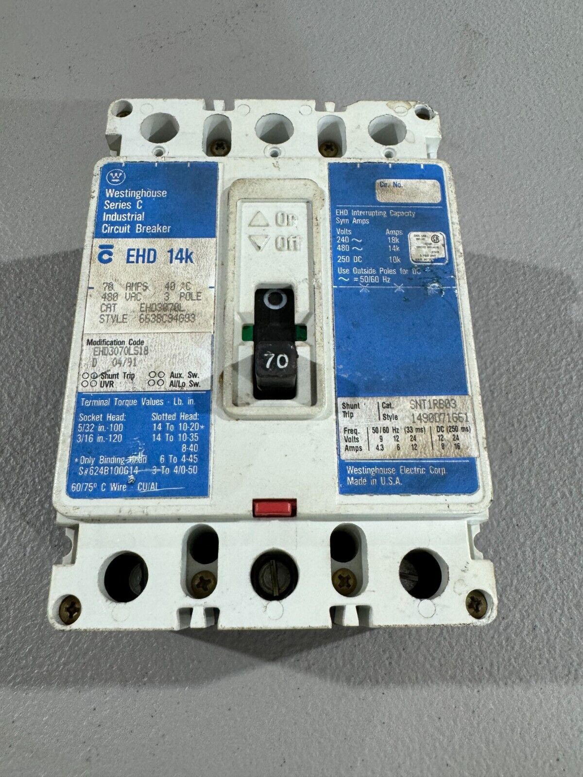 USED WESTINGHOUSE 3 POLE 70AMP CIRCUIT BREAKER EHD3070L