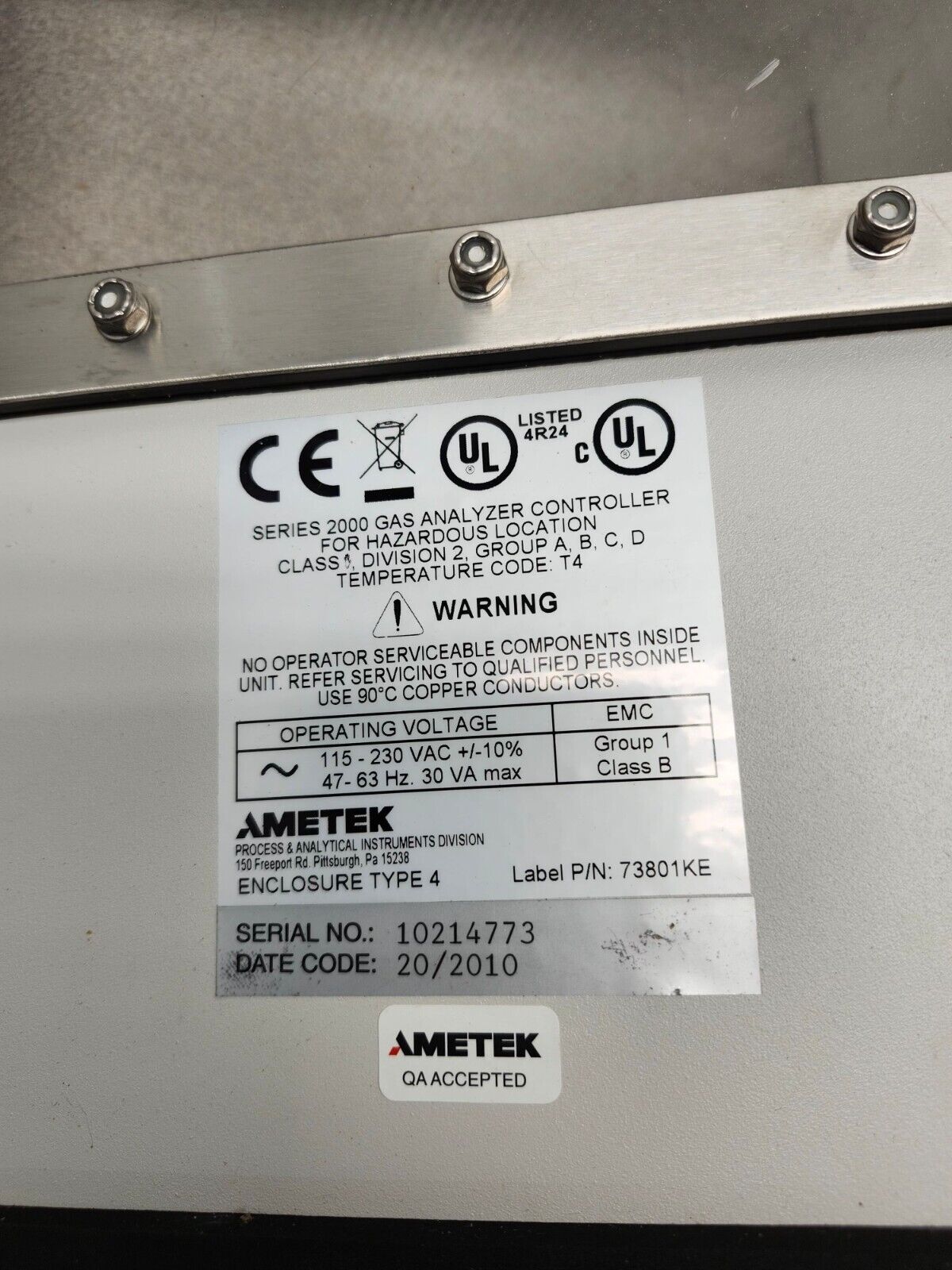 USED NO BOX AMETEK THERMOX FLUE GAS MONITOR-SERIES 2000