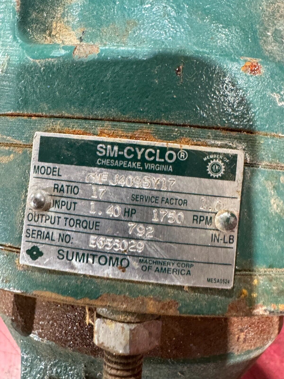 USED SUMITOMO SM-CYCLO GEAR REDUCER 17:1 RATIO CNF J4095Y17