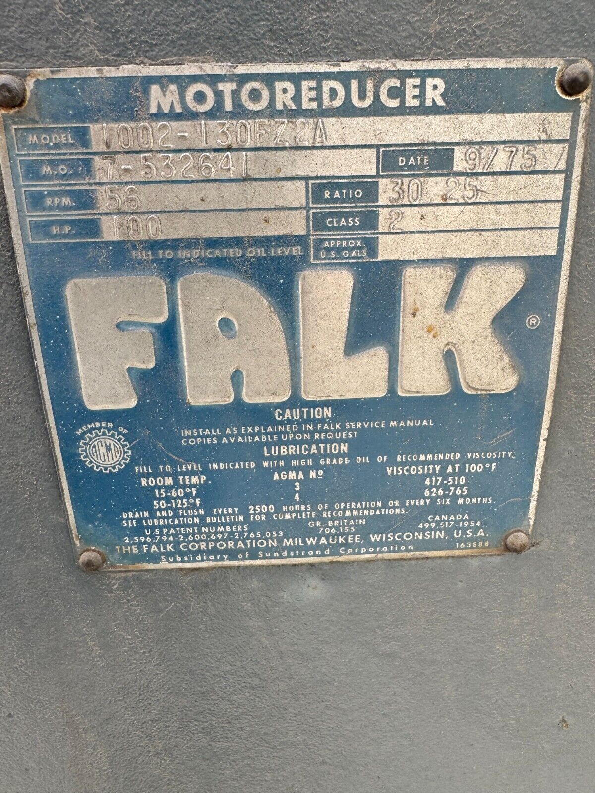 USED FALK MOTOREDUCER GEAR REDUCER 30.25 RATIO 1002-130FZ2A