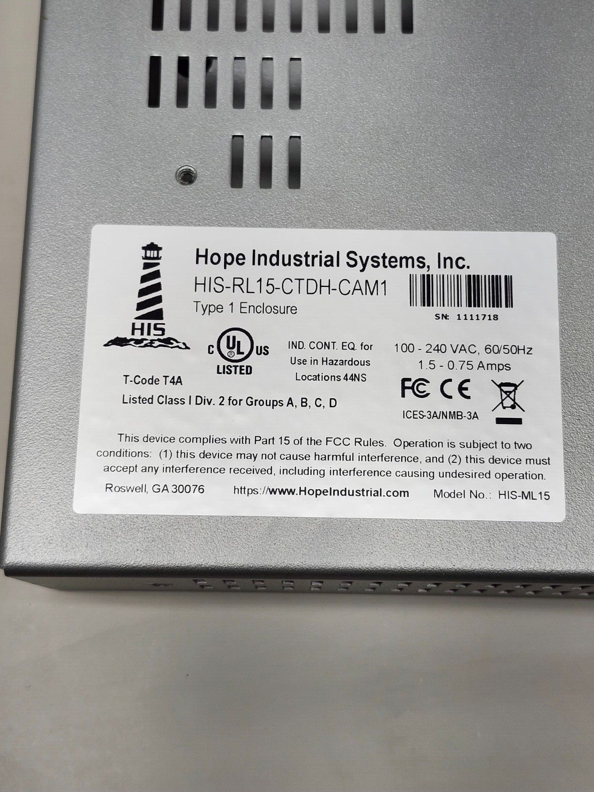 NEW HOPE INDUSTRIAL SYSTEMS 15" DISPLAY FLAT SCREEN HIS-RL15-CTDH-CAM1