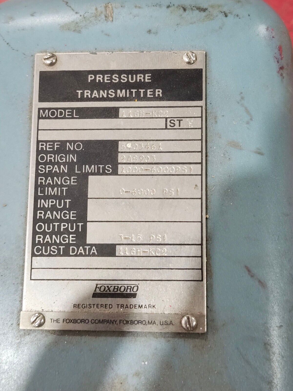 USED FOXBORO PRESSURE TRANSMITTER 11GH-KC2 RANGE 0-6000PSI. STE