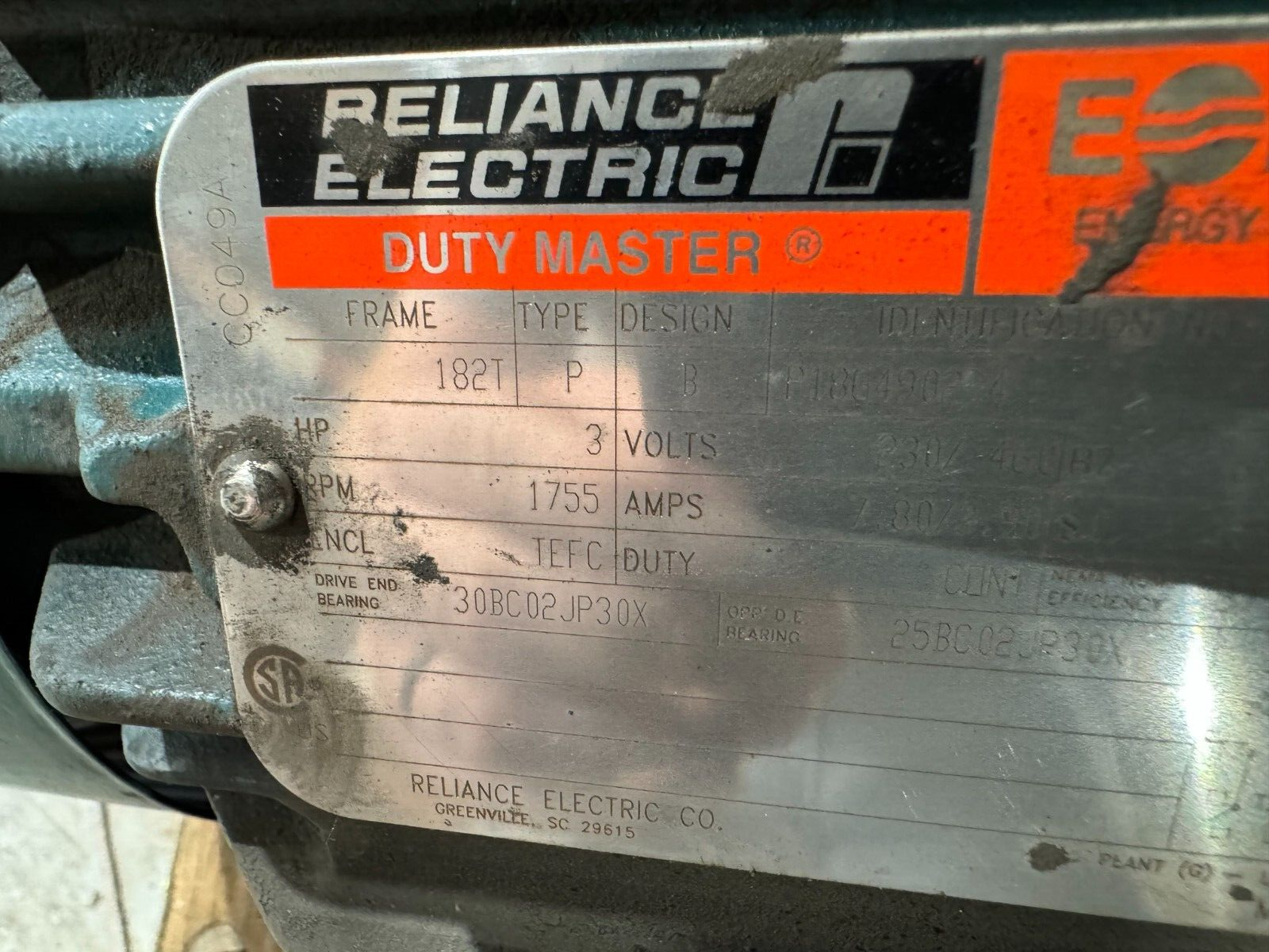 USED RELIANCE 3HP 1755RPM 182T 230/460V. FRAME MOTOR P18G4902-4 MODEL P18G4902R