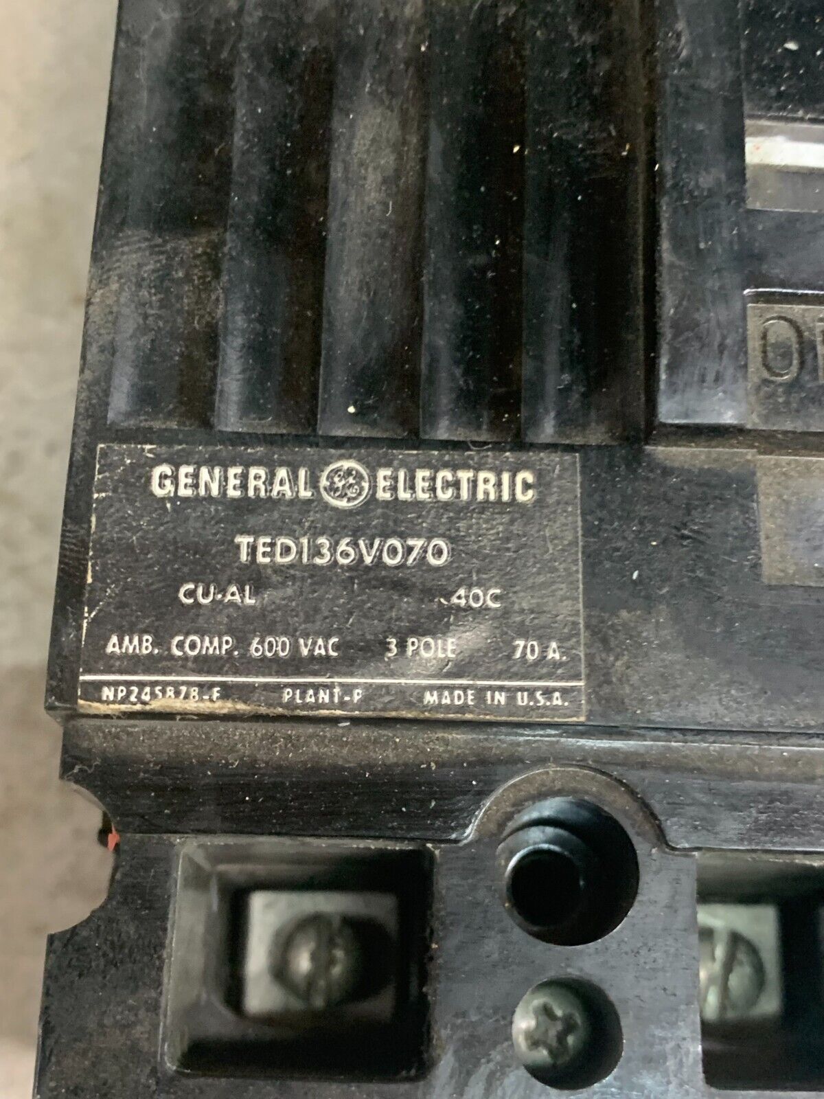 USED GENERAL ELECTRIC 3 POLE 70AMP CIRCUIT BREAKER TED136V070