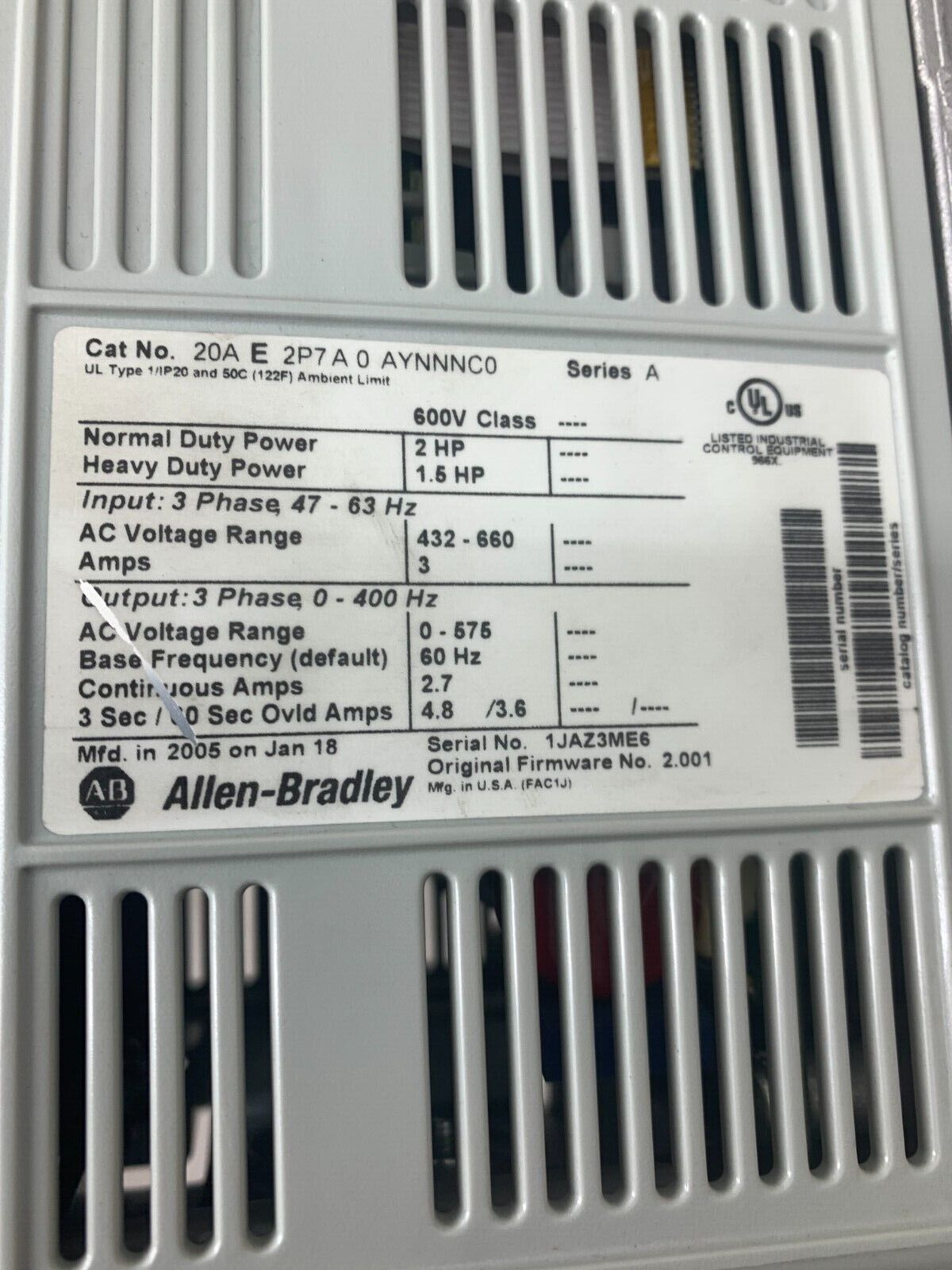 USED ALLEN-BRADLEY 2HP POWERFLEX 70 DRIVE 20AE2P7A0AYNNNC0 SERIES A