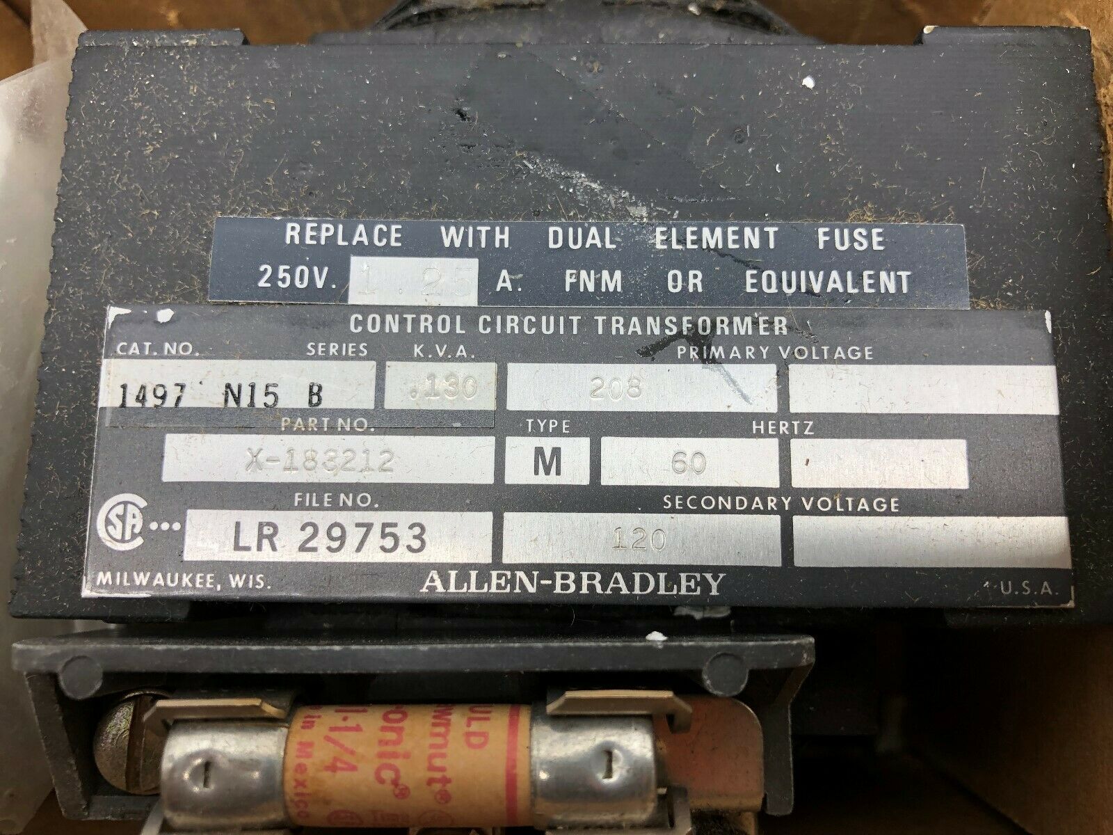 NEW IN BOX ALLEN BRADLEY .130 KVA 208 VAC PRI 120 VAC SEC FUSED TRANSFORMER 1497