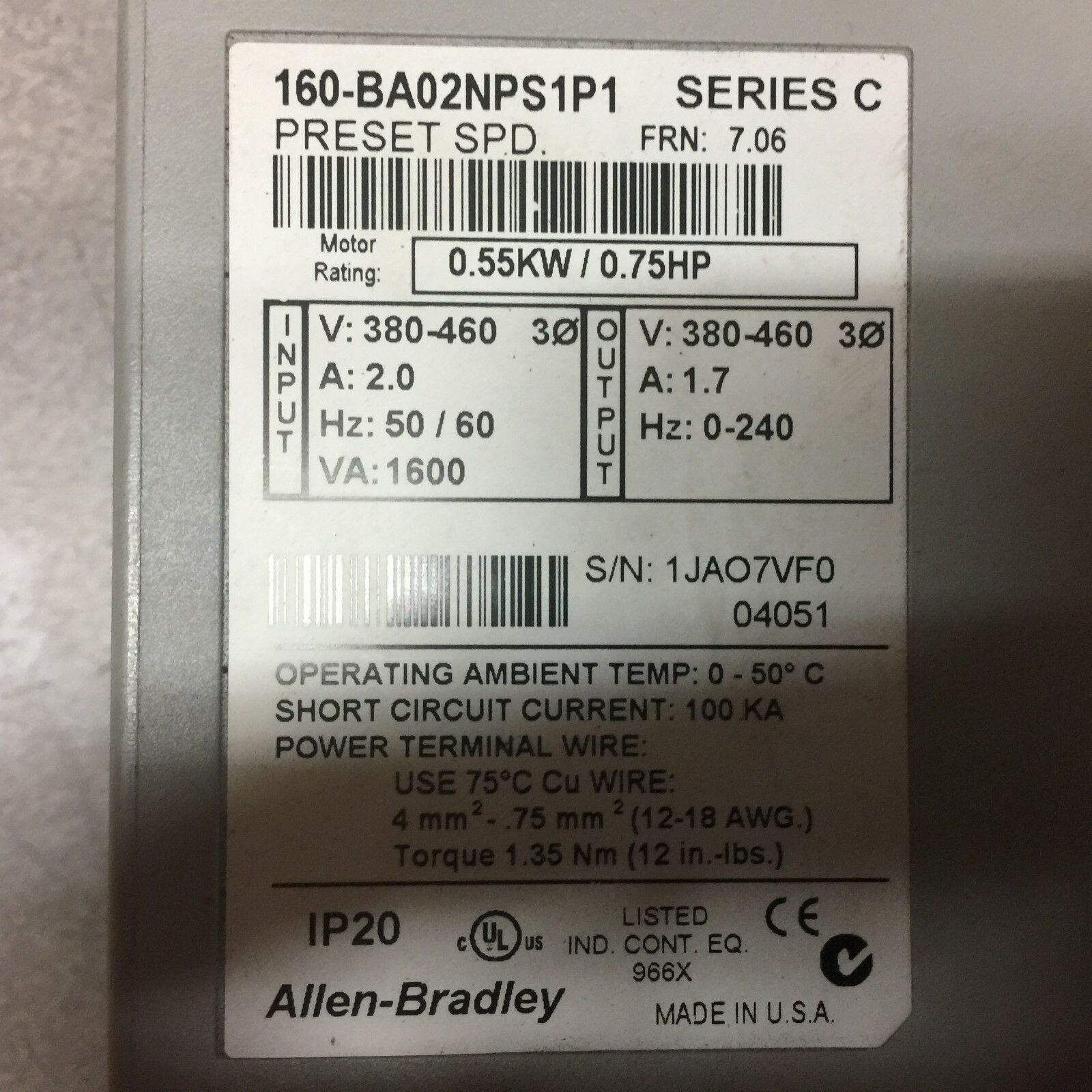 NEW ALLEN BRADLEY 460VAC 3P DRIVE 160-BA02NPS1P1