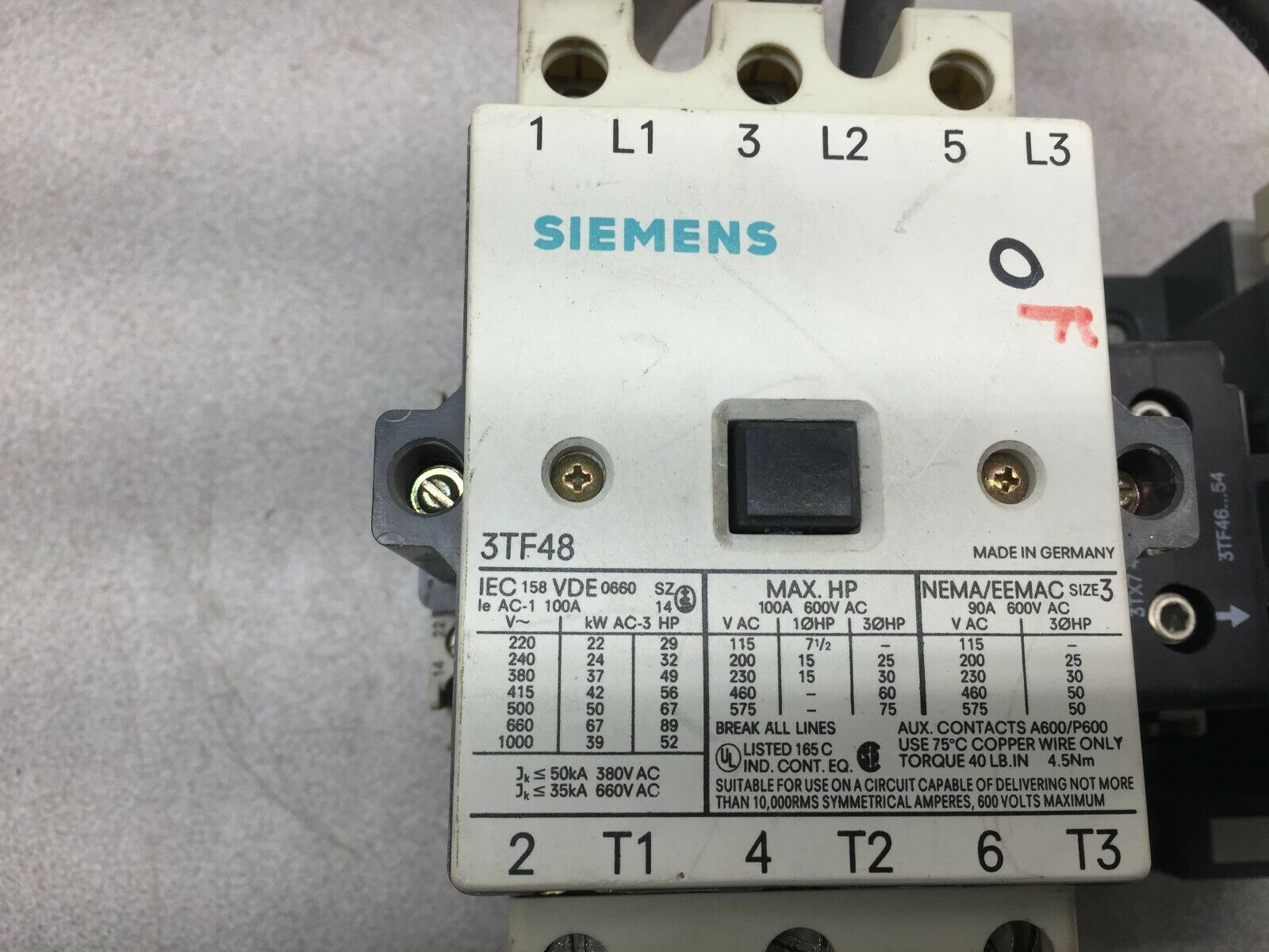 USED SIEMENS SIZE 3 3POLE 90AMP 600VAC 120VAC COIL REVERSING CONT. 3TF4822-OAK6