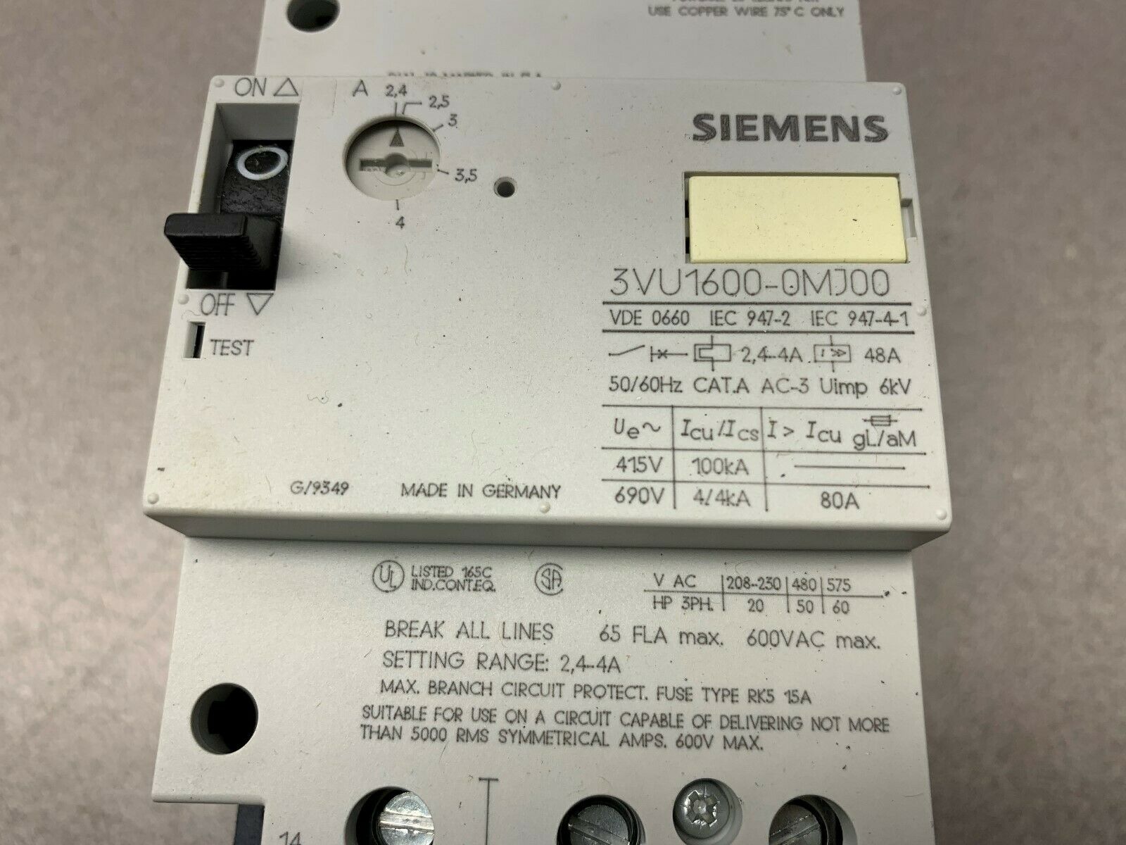 NEW NO BOX SIEMENS BREAKER 3VU1600-0MJ00