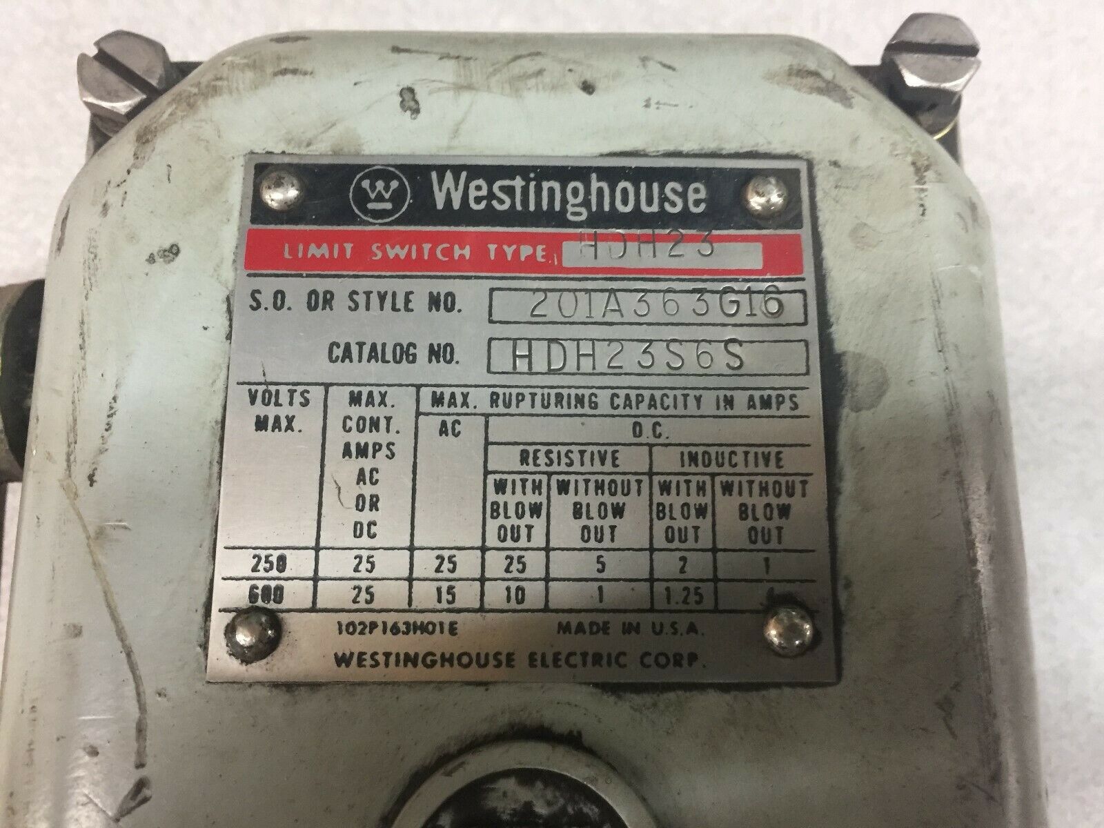 USED WESTINGHOUSE LIMIT SWITCH 201A363G16 HDH23S6S