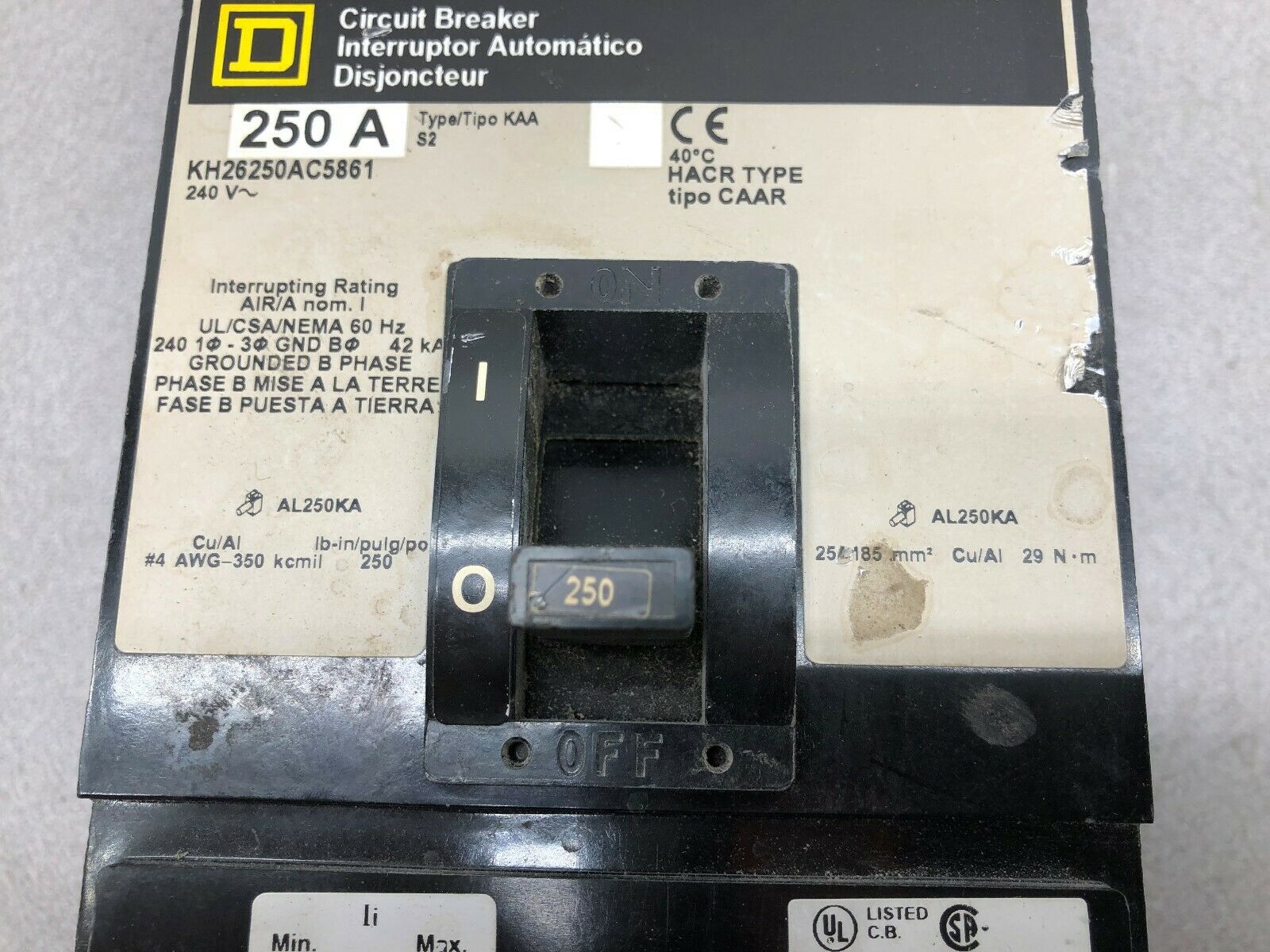 NEW NO BOX SQUARE D 250 AMP 240 V 2 POLE BREAKER KH26250AC5861