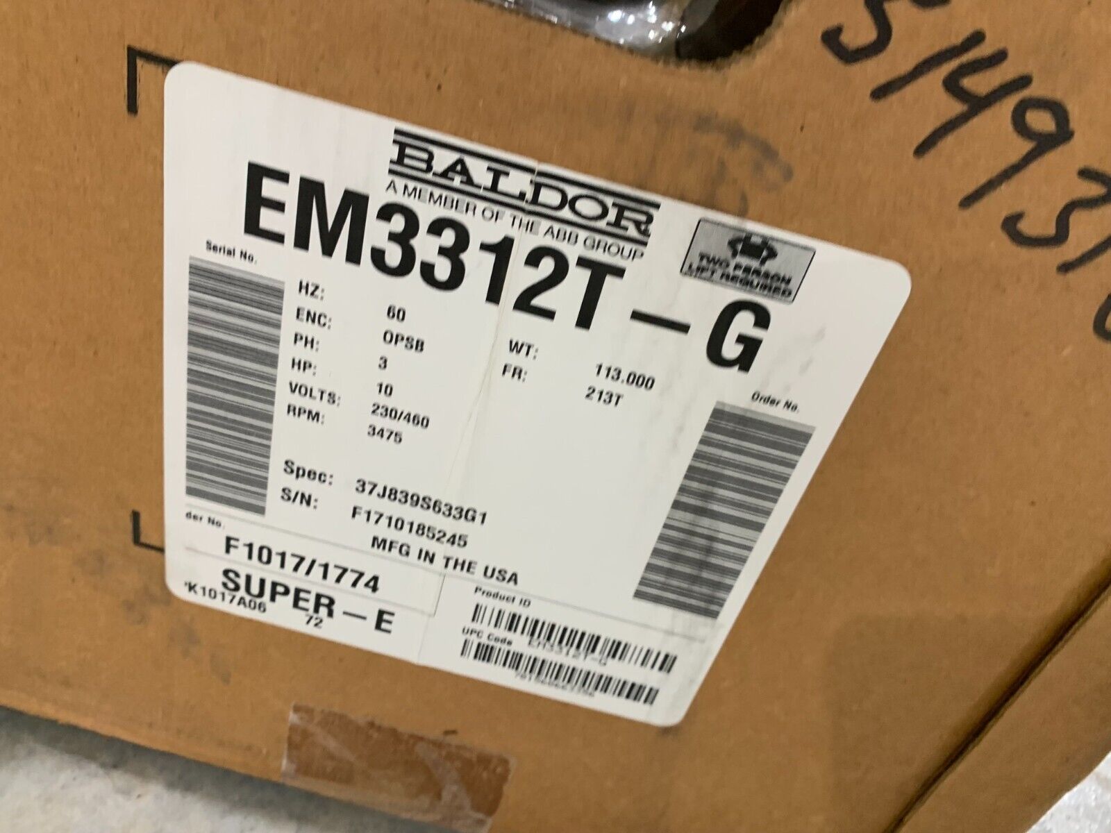 NEW IN BOX BALDOR 10HP 230/460V. SUPER-E MOTOR 3,475 RPM 213T FRAME EM3312T-G