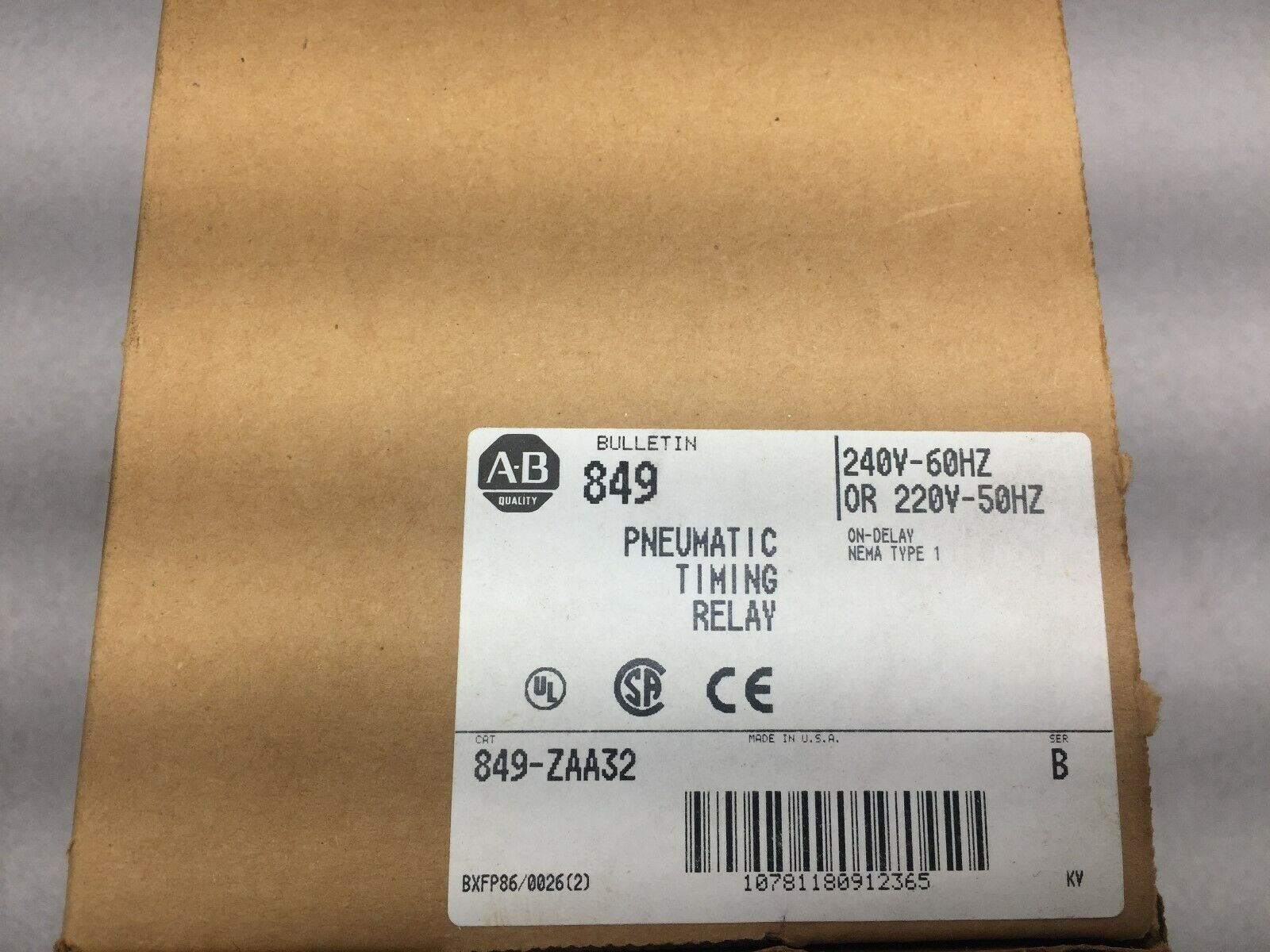 NEW IN BOX ALLEN BRADLEY 240 VAC  PNEUMATIC TIMING RELAY 849-ZAA32