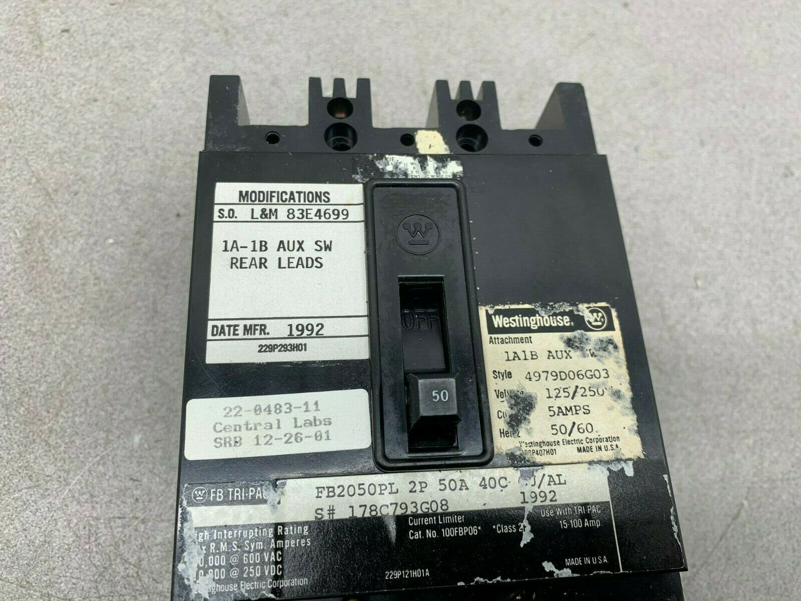 NEW NO BOX WESTINGHOUSE 2 POLE 50AMP TRI-PAC CIRCUIT BREAKER FB2050PL