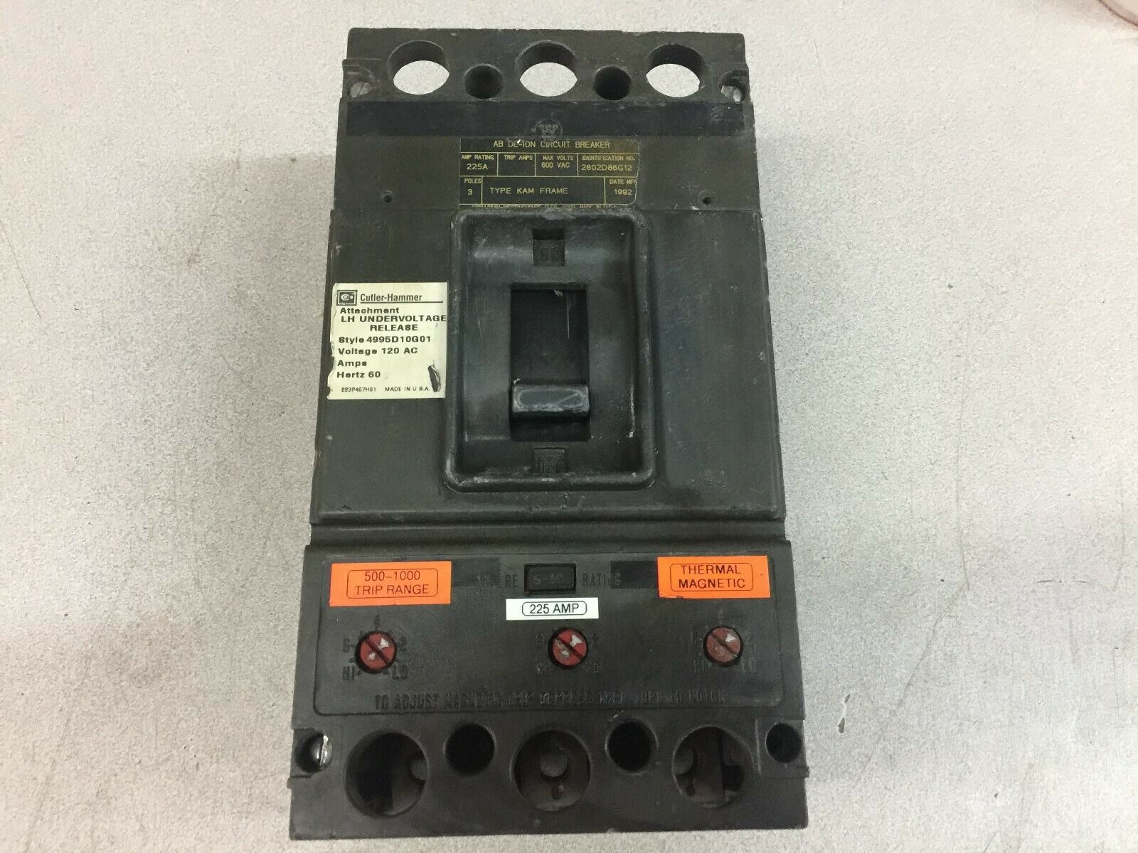 USED WESTINGHOUSE 225 AMP 500-1000 AMP TRIP 3 POLE MINING BREAKER 2602D86G12