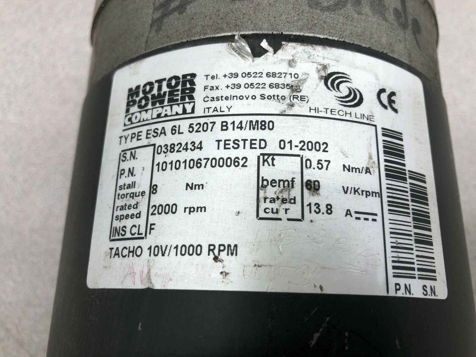 USED MOTOR POWER 2000 RPM 8 NM TACHO 10V/1000 RPM 13.8 AMP DC SERVO MOTOR ESA 6L