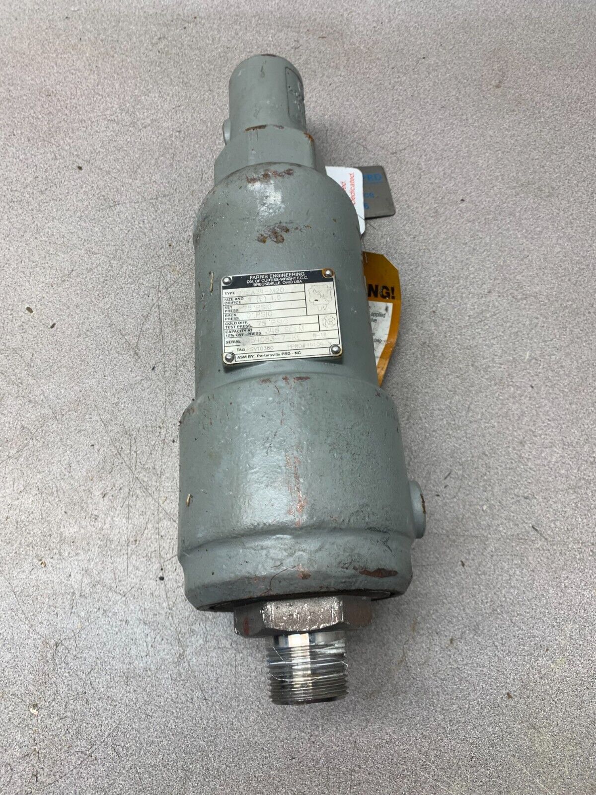 USED FARRIS ENGINEERING 1" X 1.5" SAFETY RELIEF VALVE 75 PSIG. 27EA34-M20