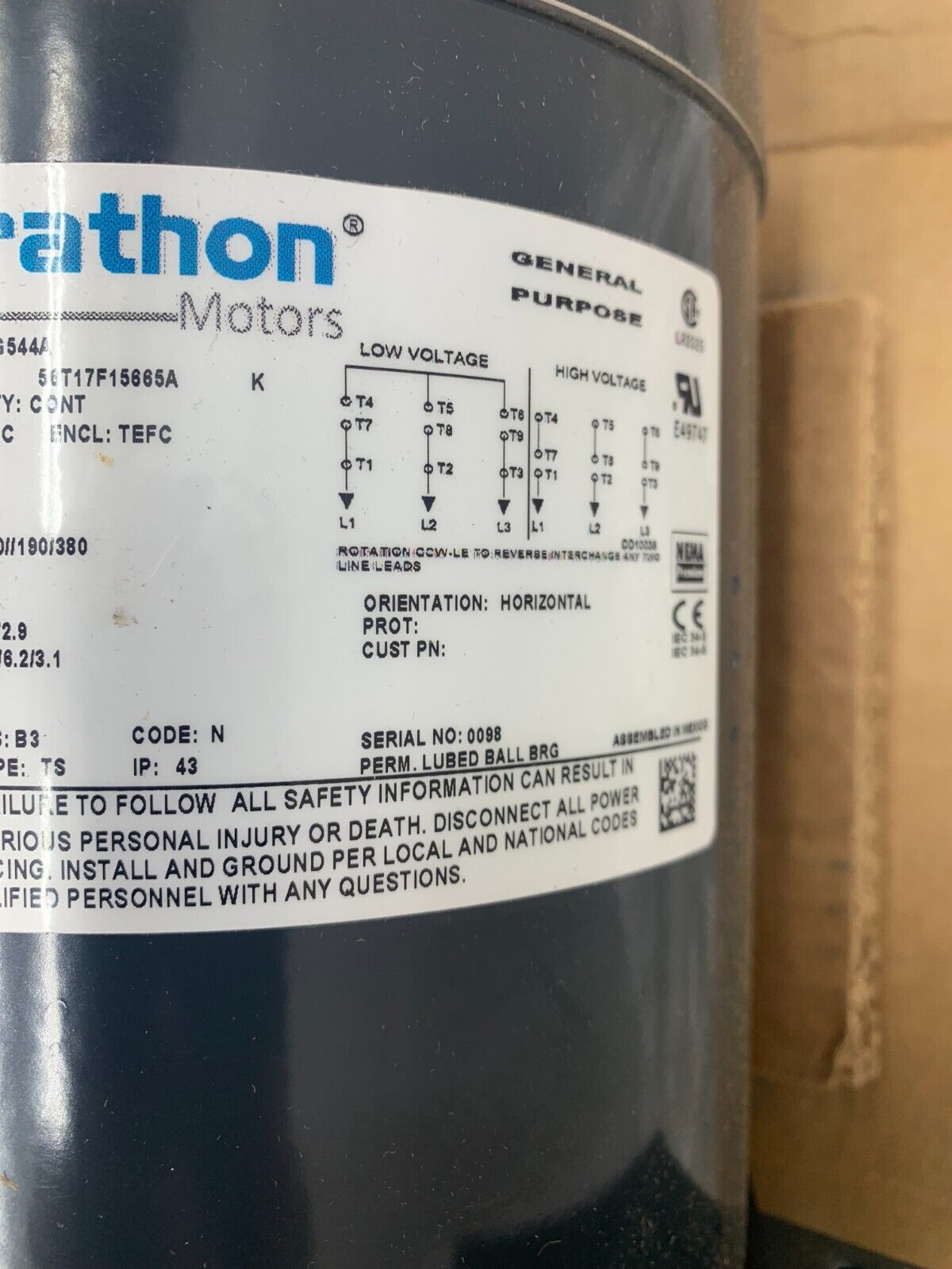 NEW NO BOX MARATHON 2/1-1/2HP 1725/1425RPM ELECTRIC MOTOR 56T17F15665A G544A