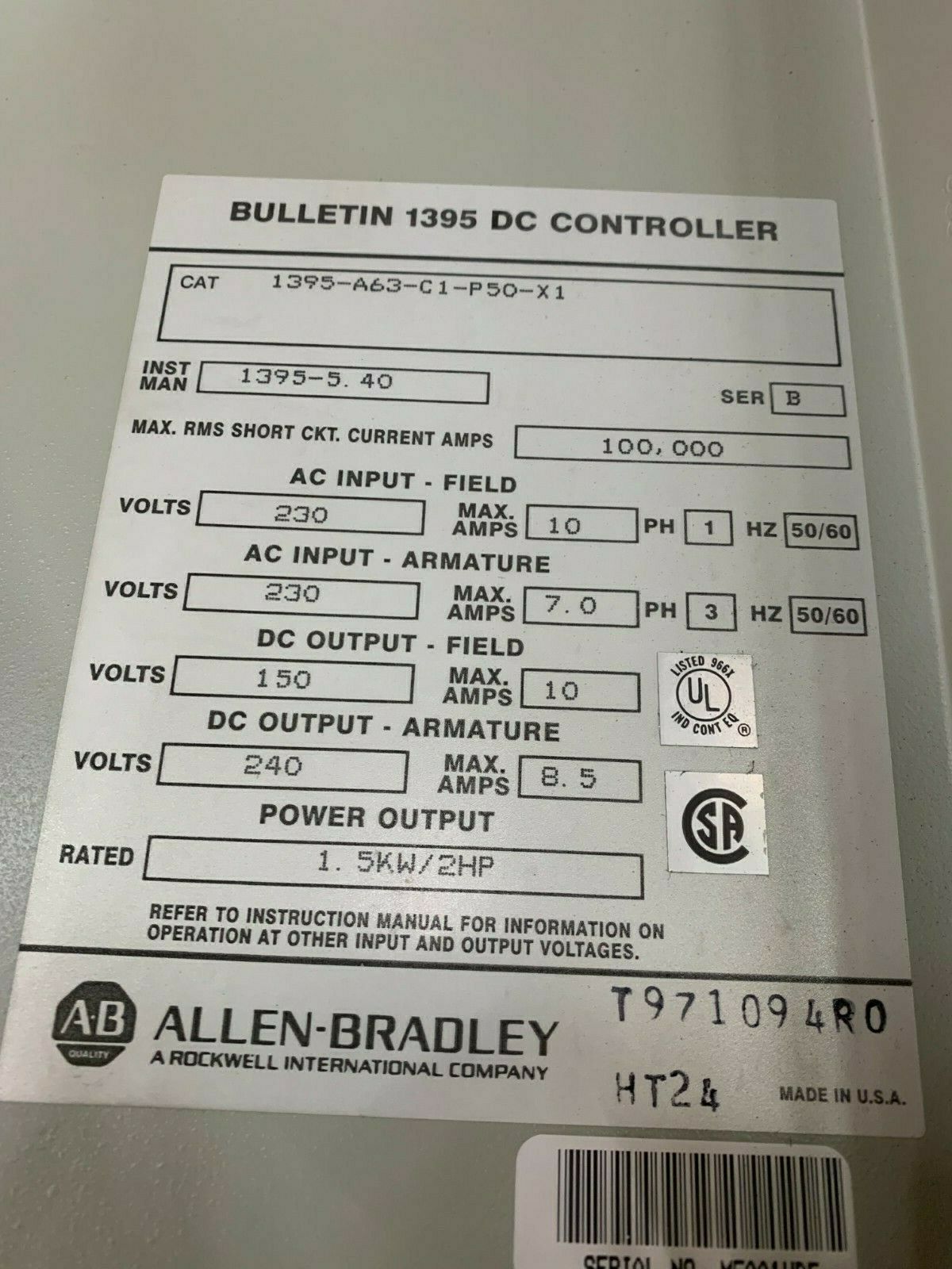 USED ALLEN-BRADLEY 2HP DC CONTROLLER 1395-A63-C1-P50-X1 SERIES B DRIVE