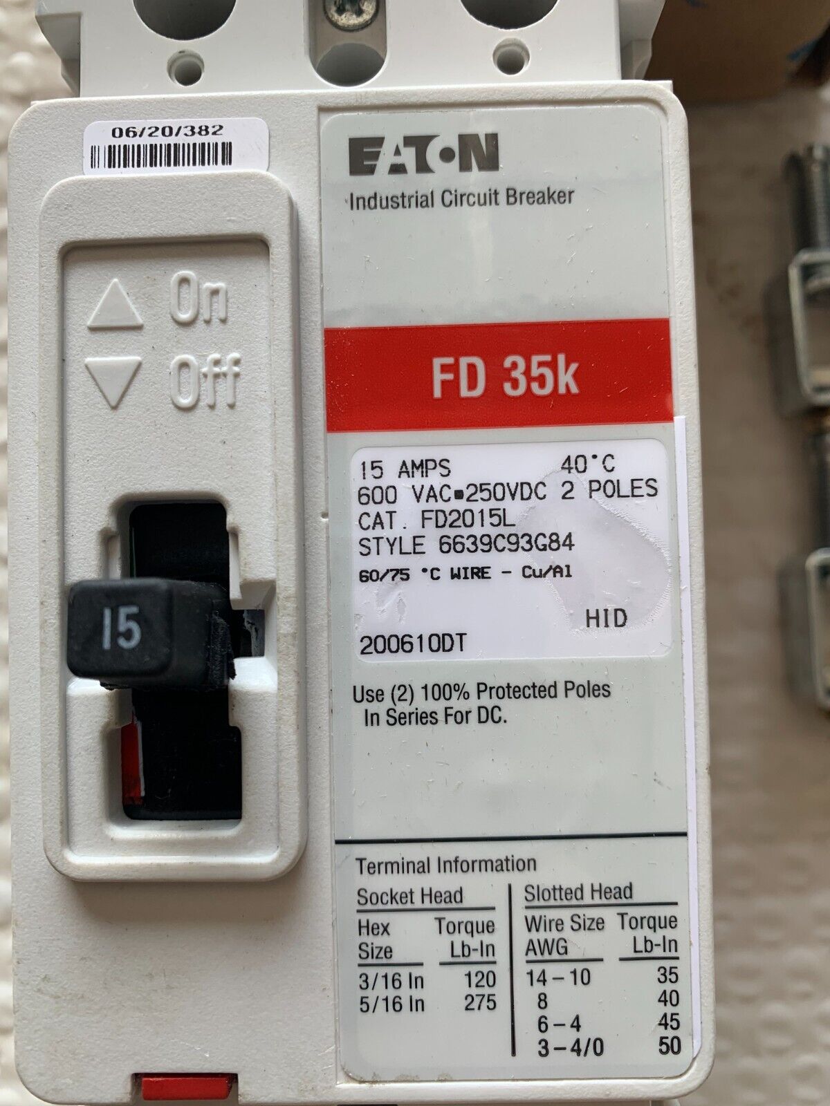 NEW IN BOX EATON CUTLER-HAMMER 2 POLE 15AMP CIRCUIT BREAKER FD2015L