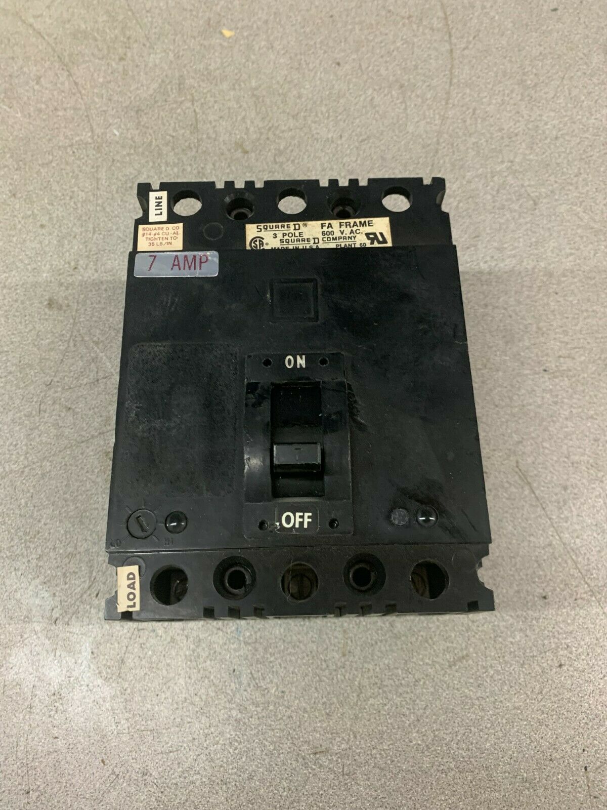 USED SQUARE D 3 POLE 7AMP CIRCUIT BREAKER FAL3600712M