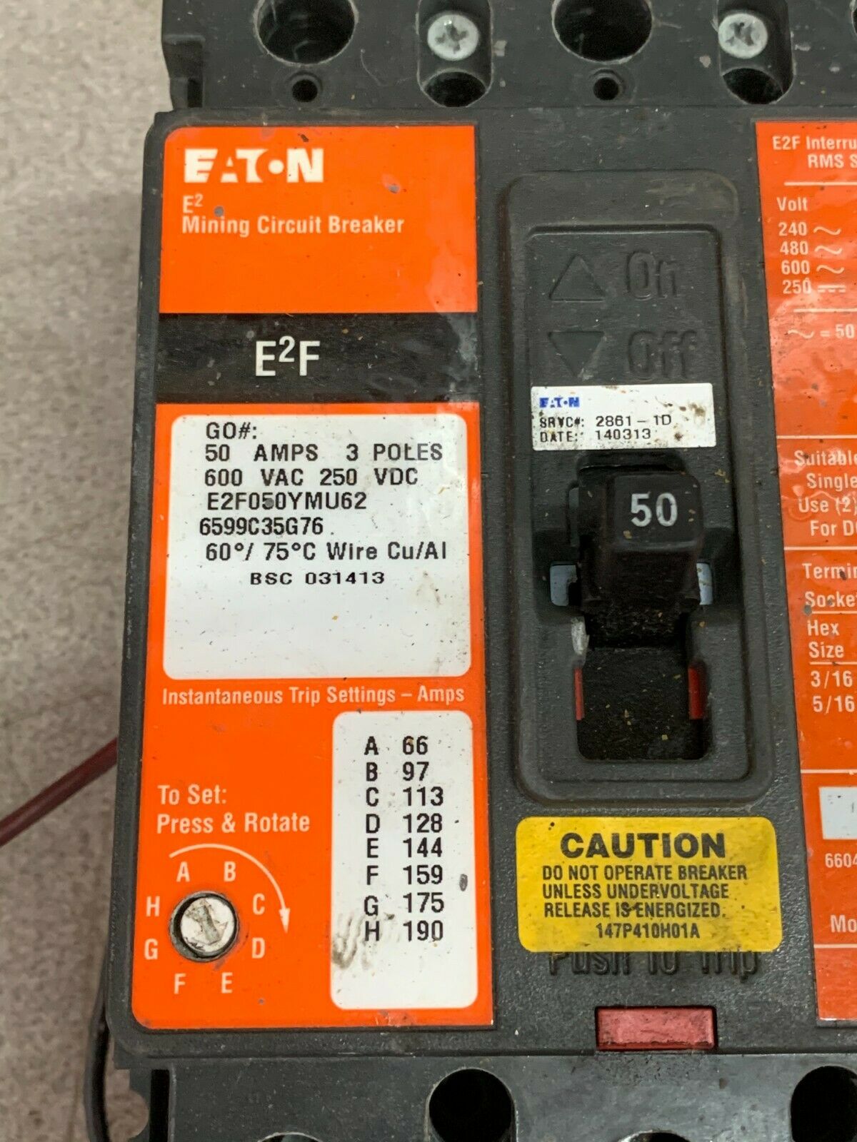 USED EATON CUTLER-HAMMER 3 POLE 50AMP MINING CIRCUIT BREAKER E2F050YMU62