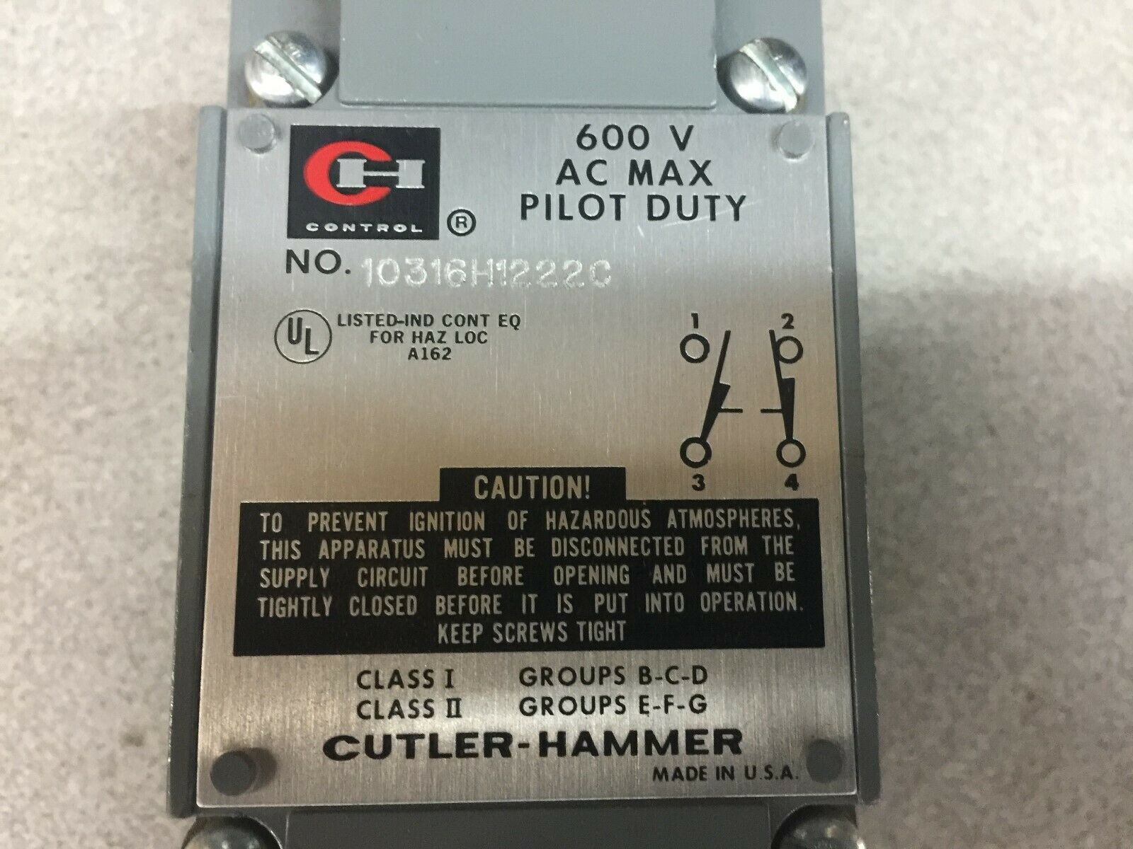 NEW NO BOX CUTLER HAMMER 600VAC PILOT DUTY LIMIT SWITCH 10316H1222C