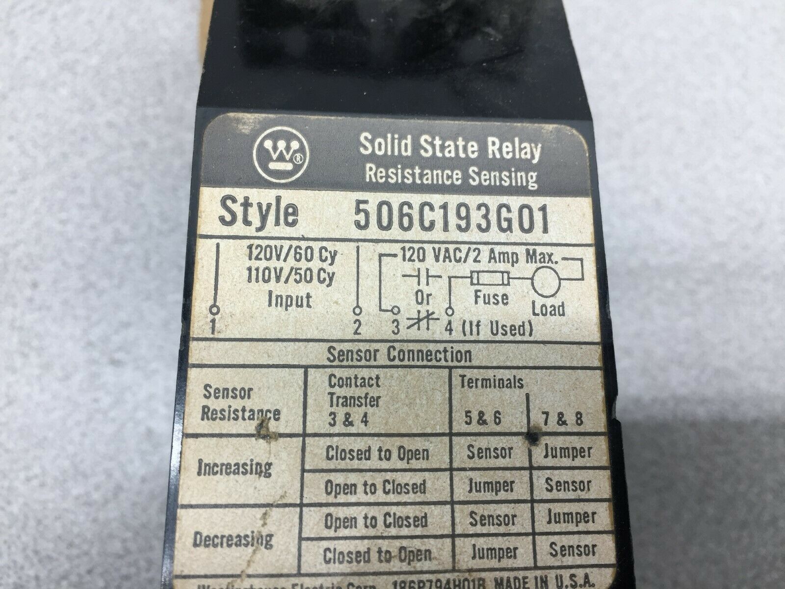 USED WESTINGHOUSE 120VAC SOLID STATE RELAY 506C193G01