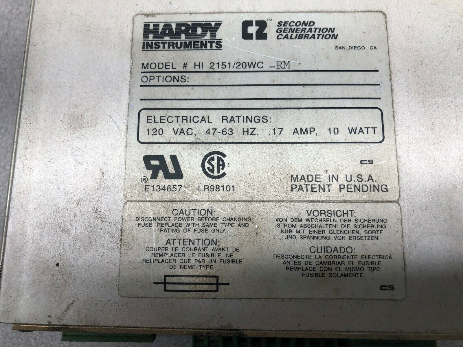 USED HARDY INSTRUMENTS 120 VAC C2 WEIGHT CONTROLER  HI 2151/20WC-RM