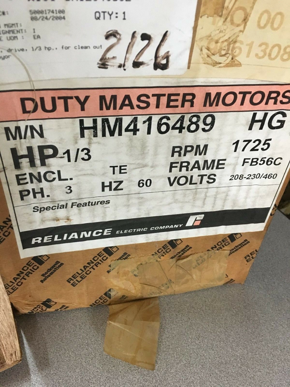 NEW IN BOX RELIANCE ELECTRIC 1/3HP 1725 RPM 3 PHASE DUTY MASTER MOTOR HM416489