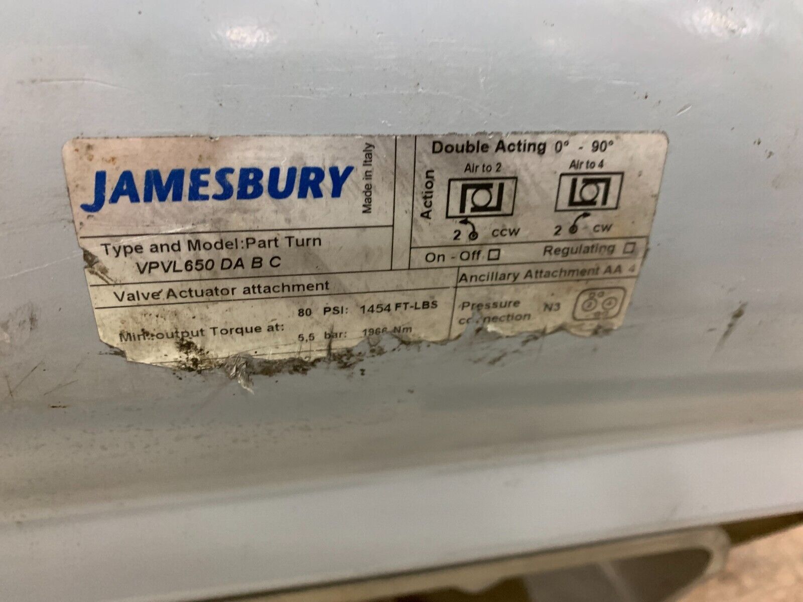 NEW NO BOX JAMESBURY VALVE ACTUATOR VPVL650 DA B C